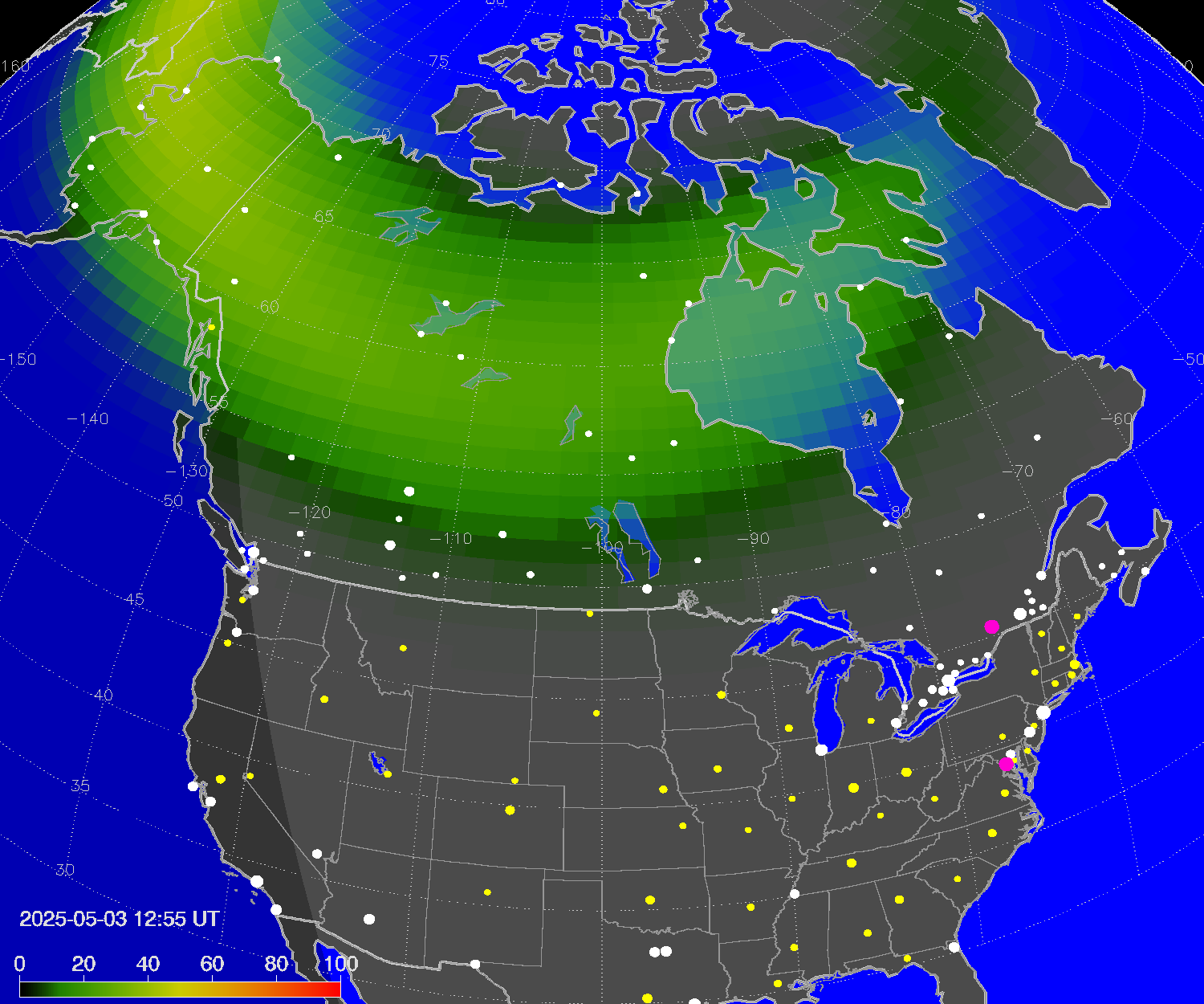 Northern lights (auroras) over North America