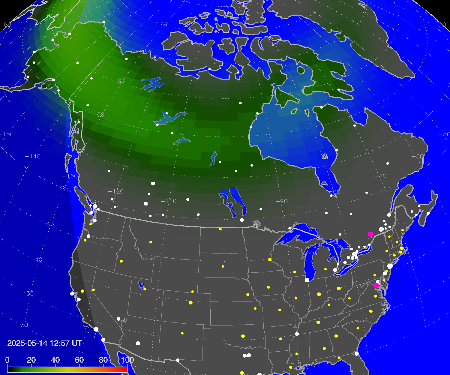 Northern lights (auroras) over North America