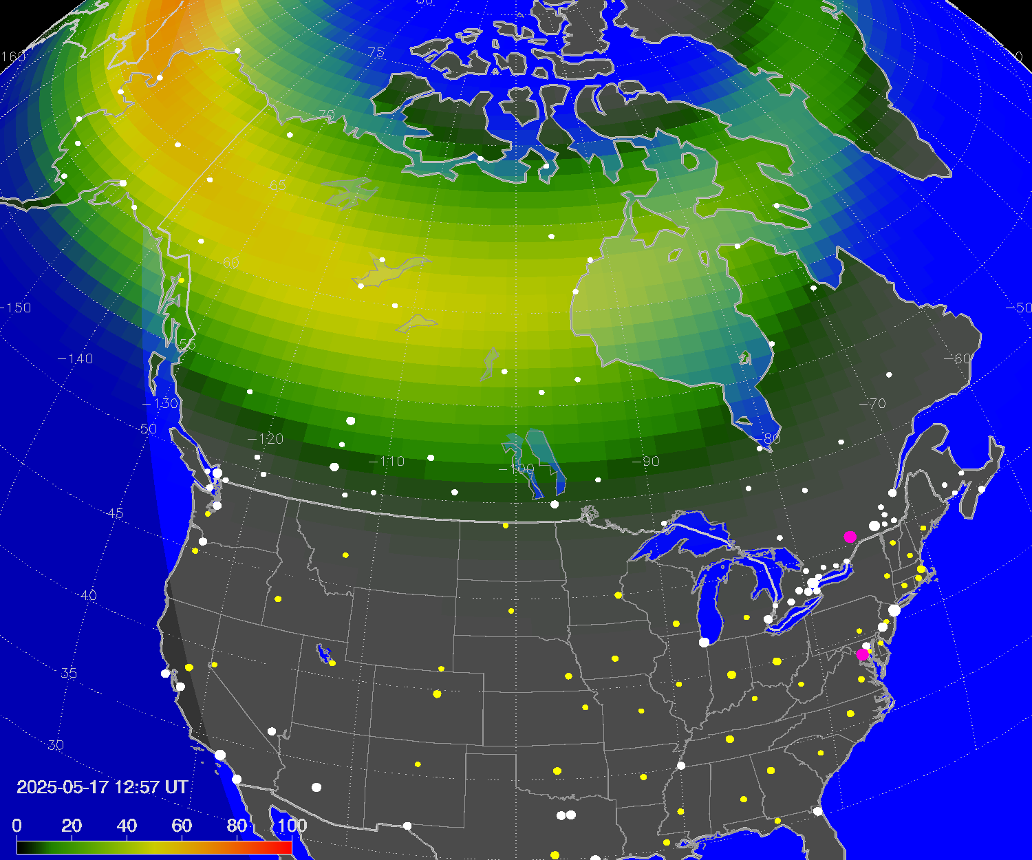Northern lights (auroras) over North America
