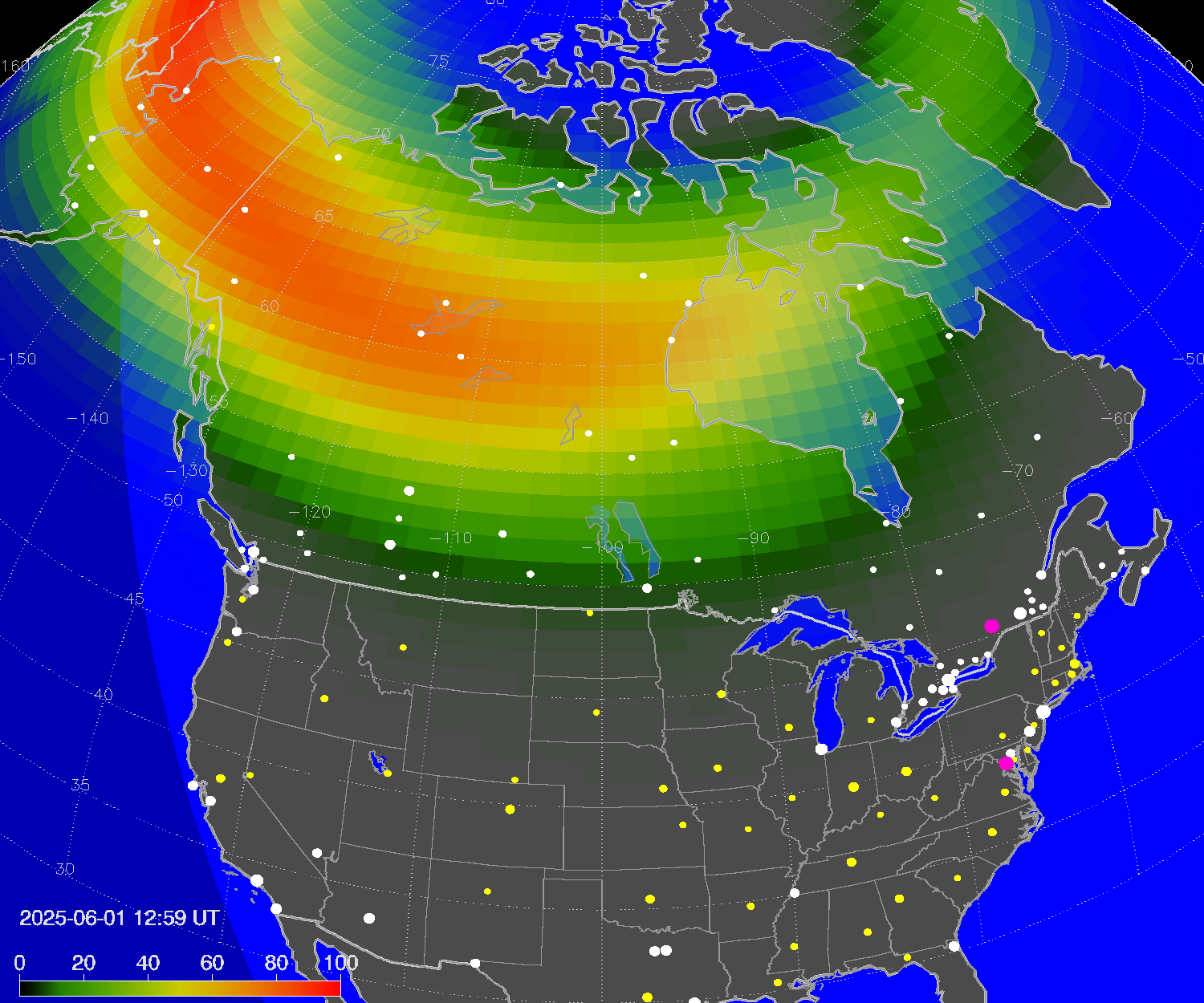 Northern lights (auroras) over North America