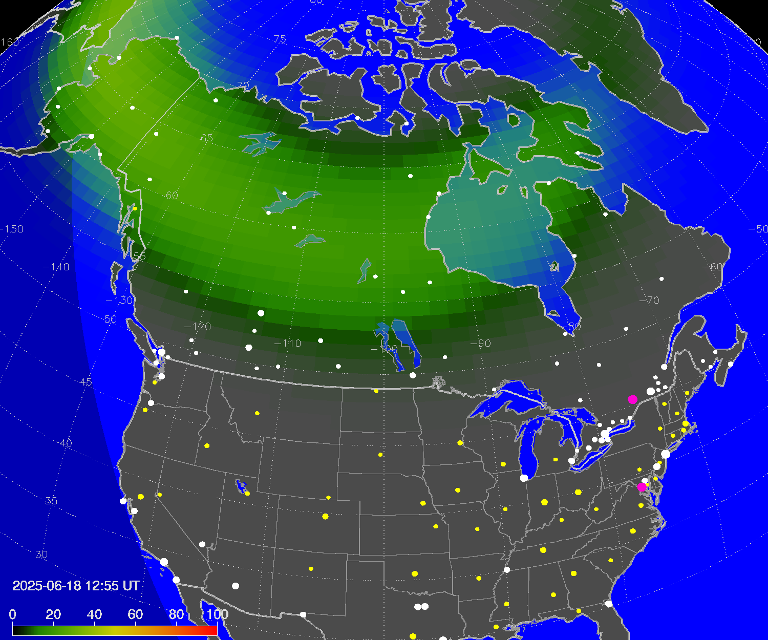 Northern lights (auroras) over North America