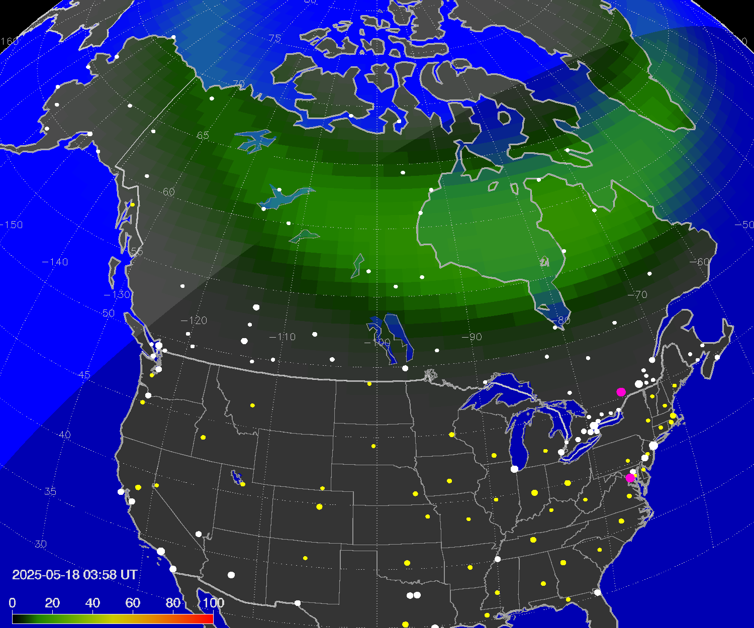Northern lights (auroras) over North America