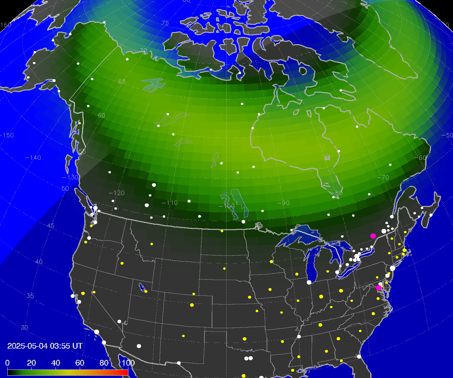 Northern lights (auroras) over North America