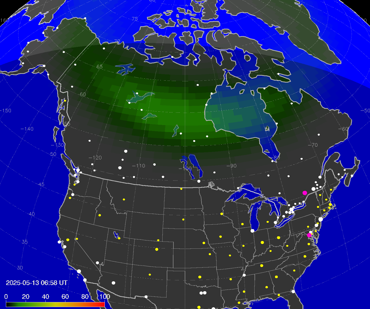 Northern lights (auroras) over North America
