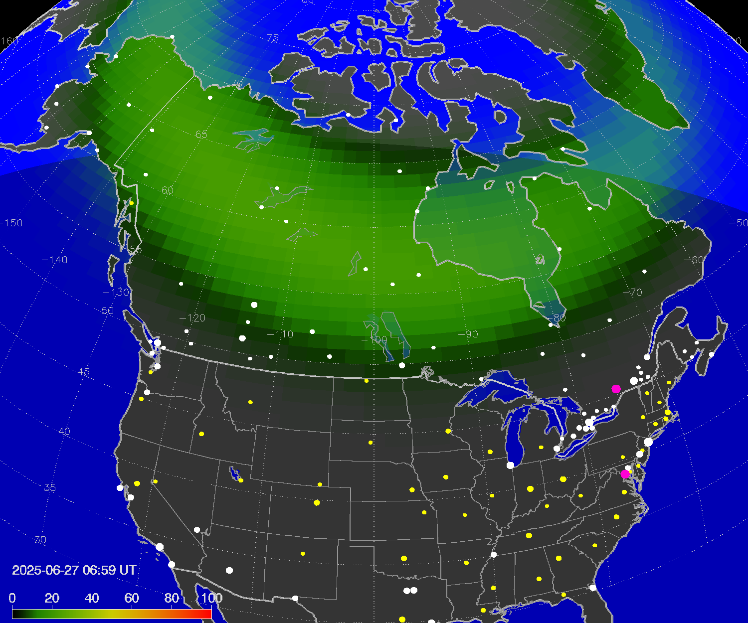 Northern lights (auroras) over North America