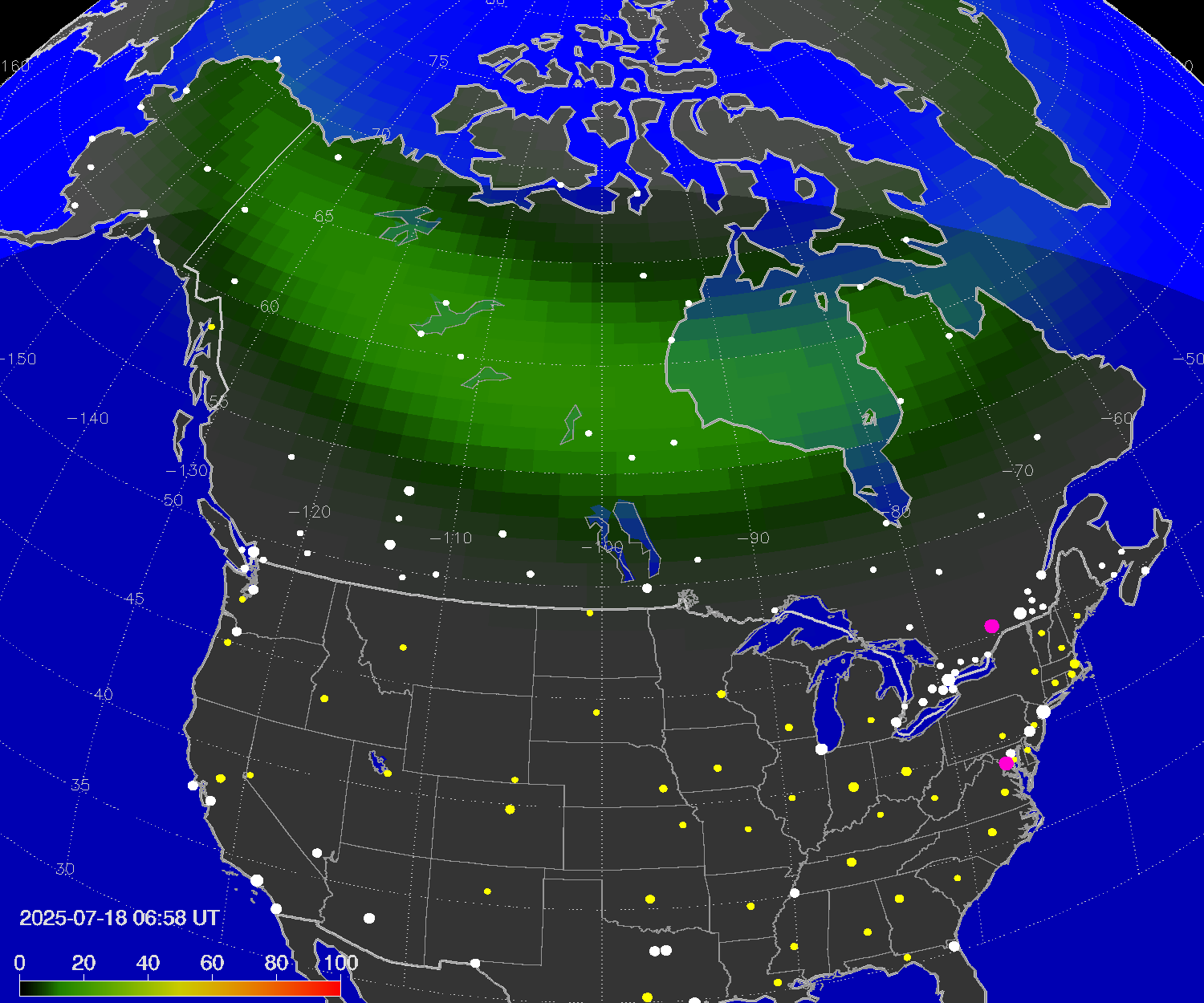 Northern lights (auroras) over North America