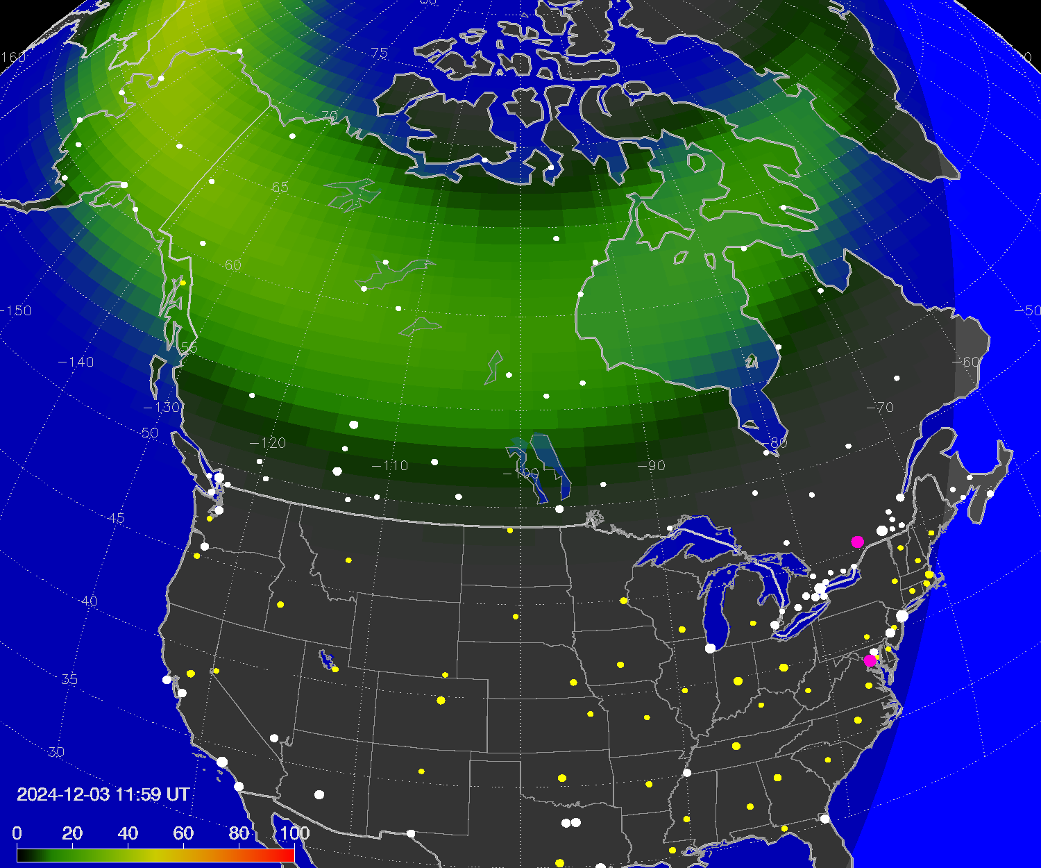 Northern lights (auroras) over North America