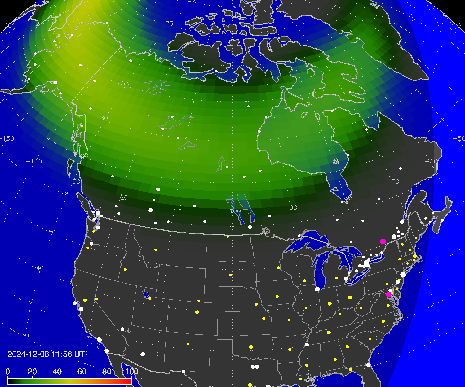 Northern lights (auroras) over North America