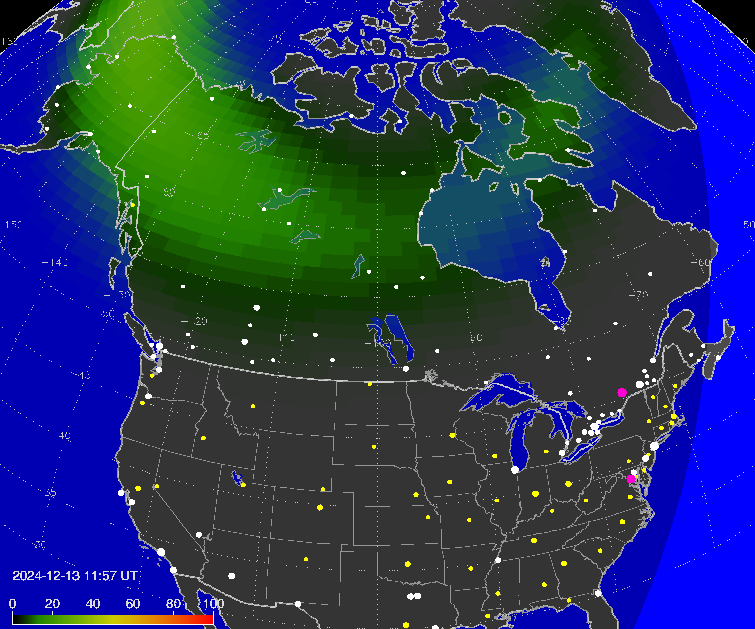 Northern lights (auroras) over North America