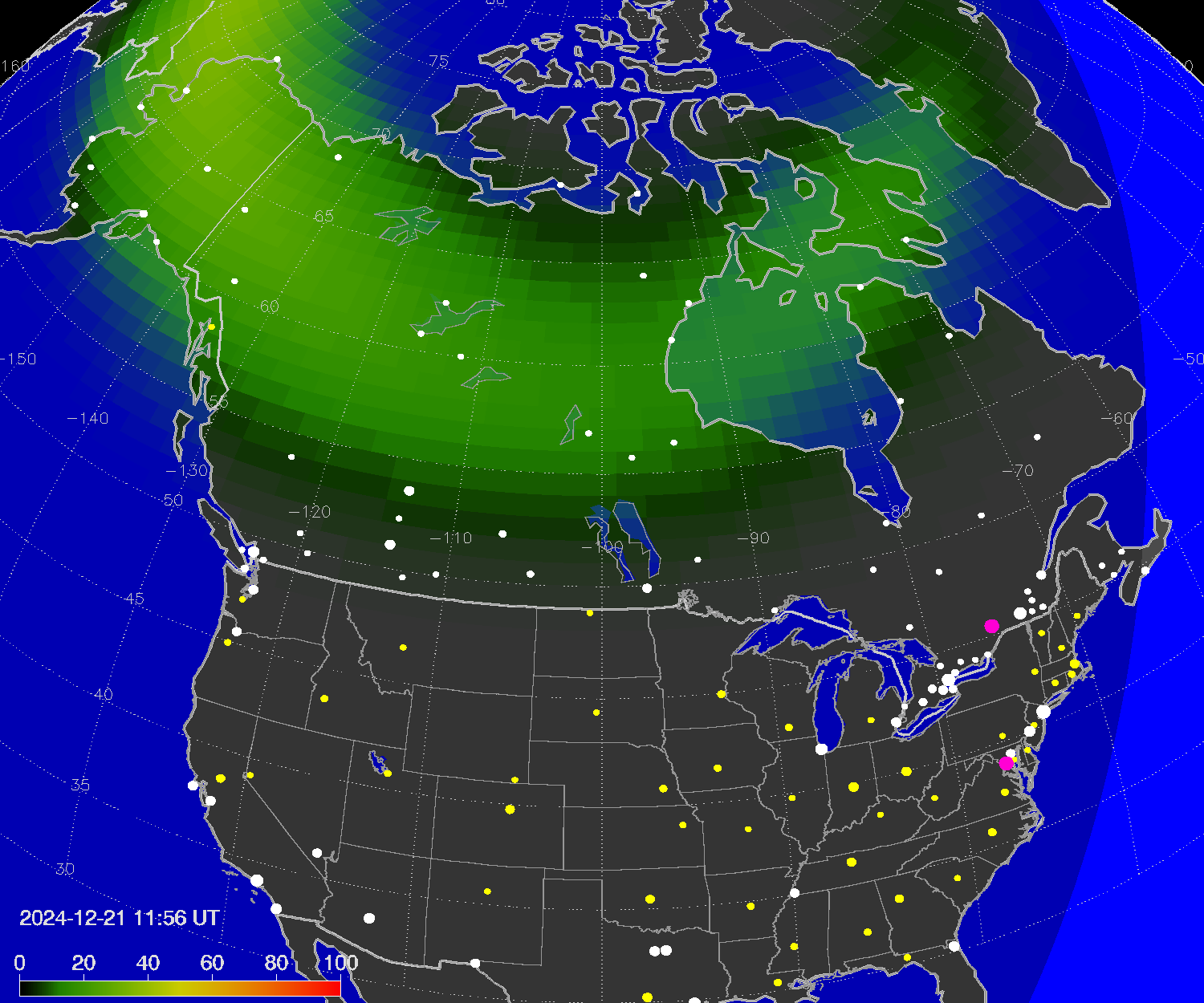 Northern lights (auroras) over North America