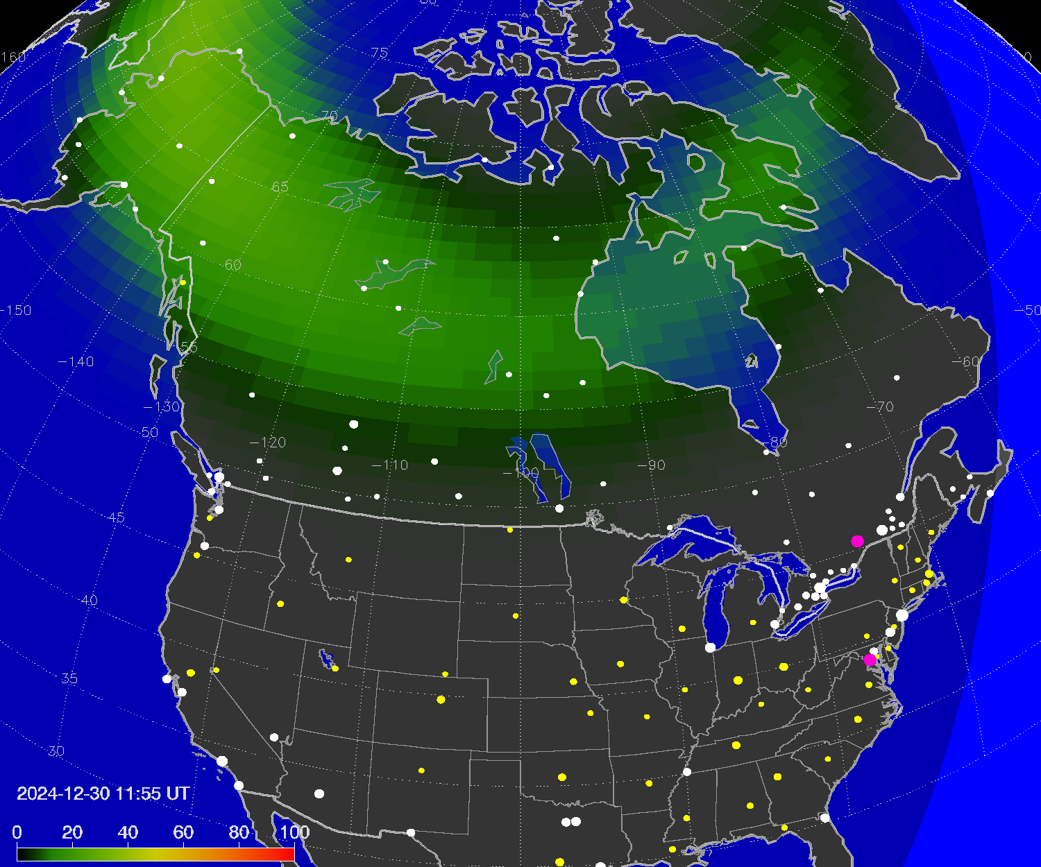 Northern lights (auroras) over North America