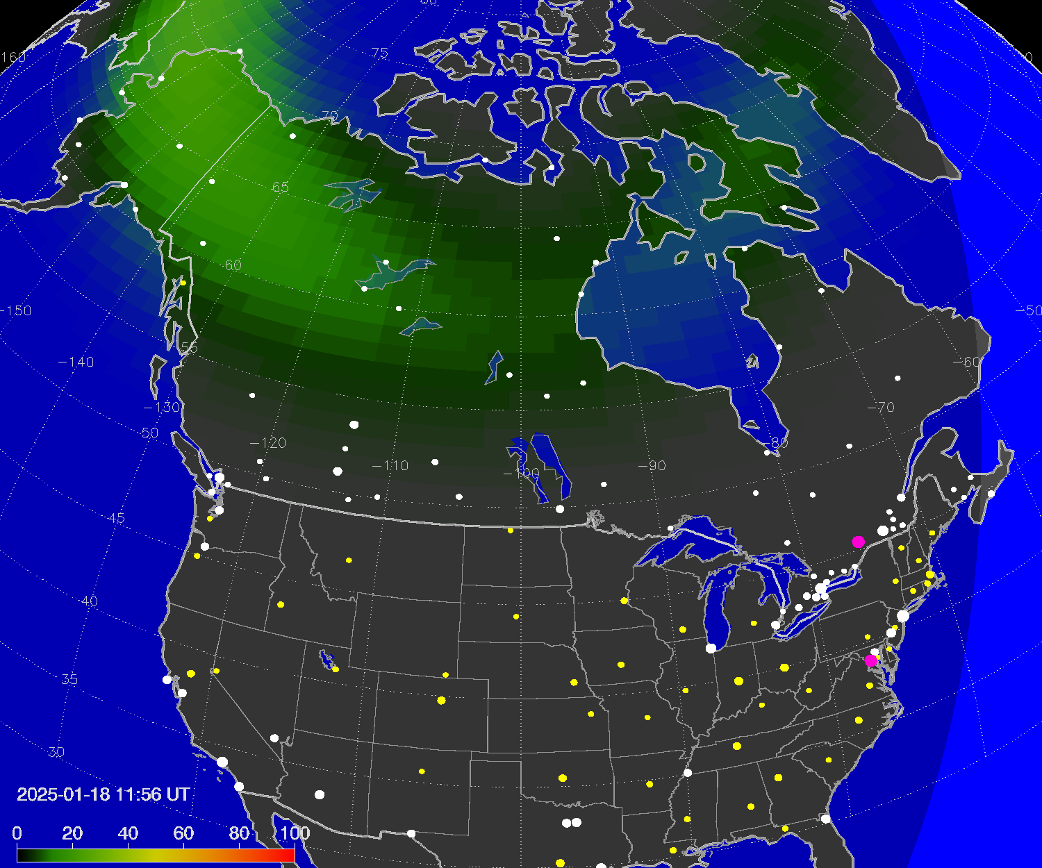 Northern lights (auroras) over North America