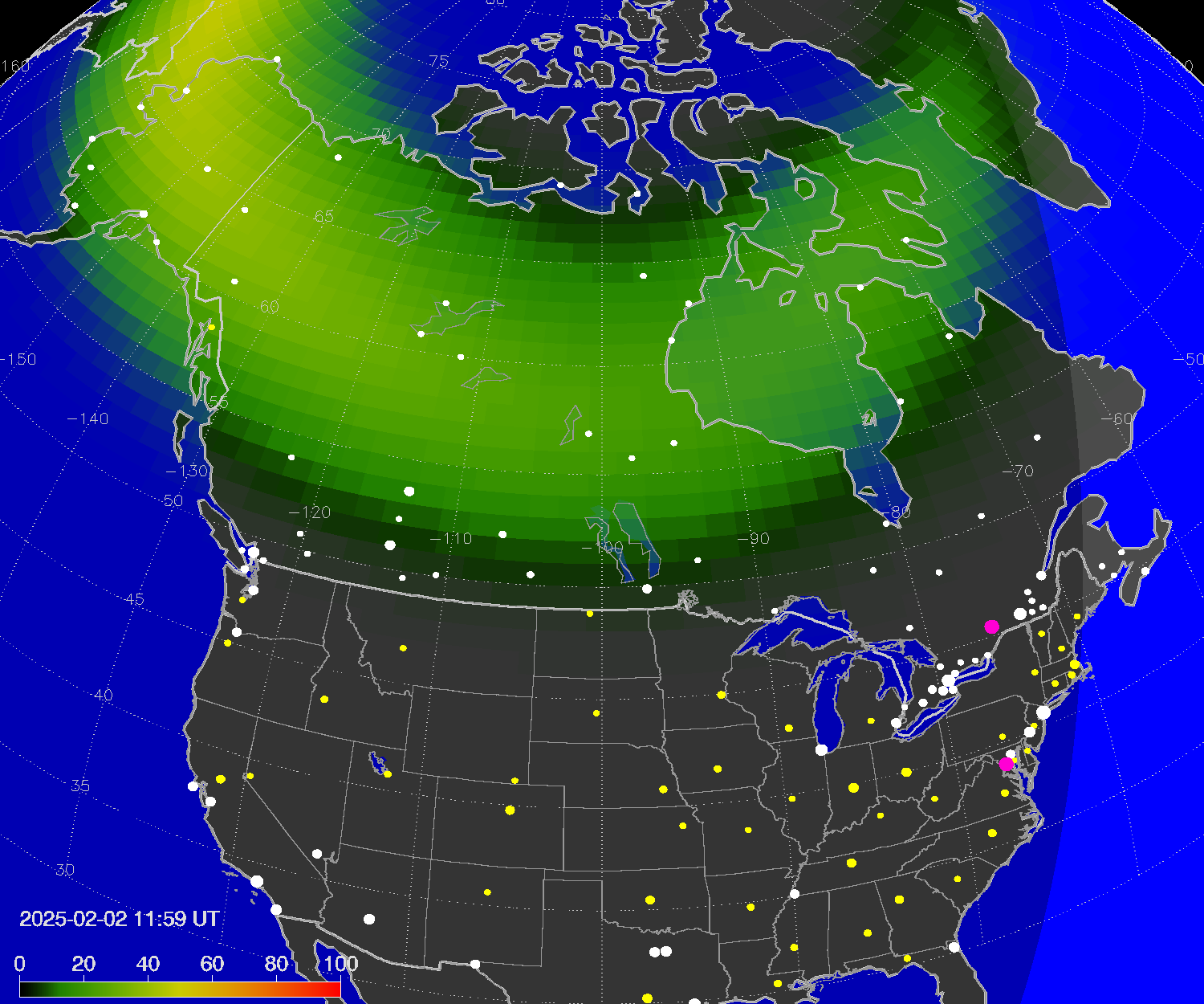 Northern lights (auroras) over North America
