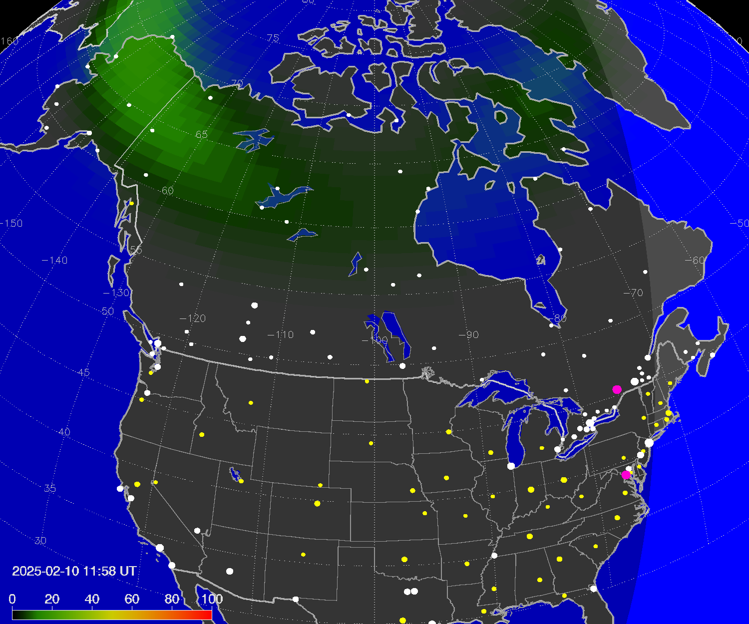 Northern lights (auroras) over North America