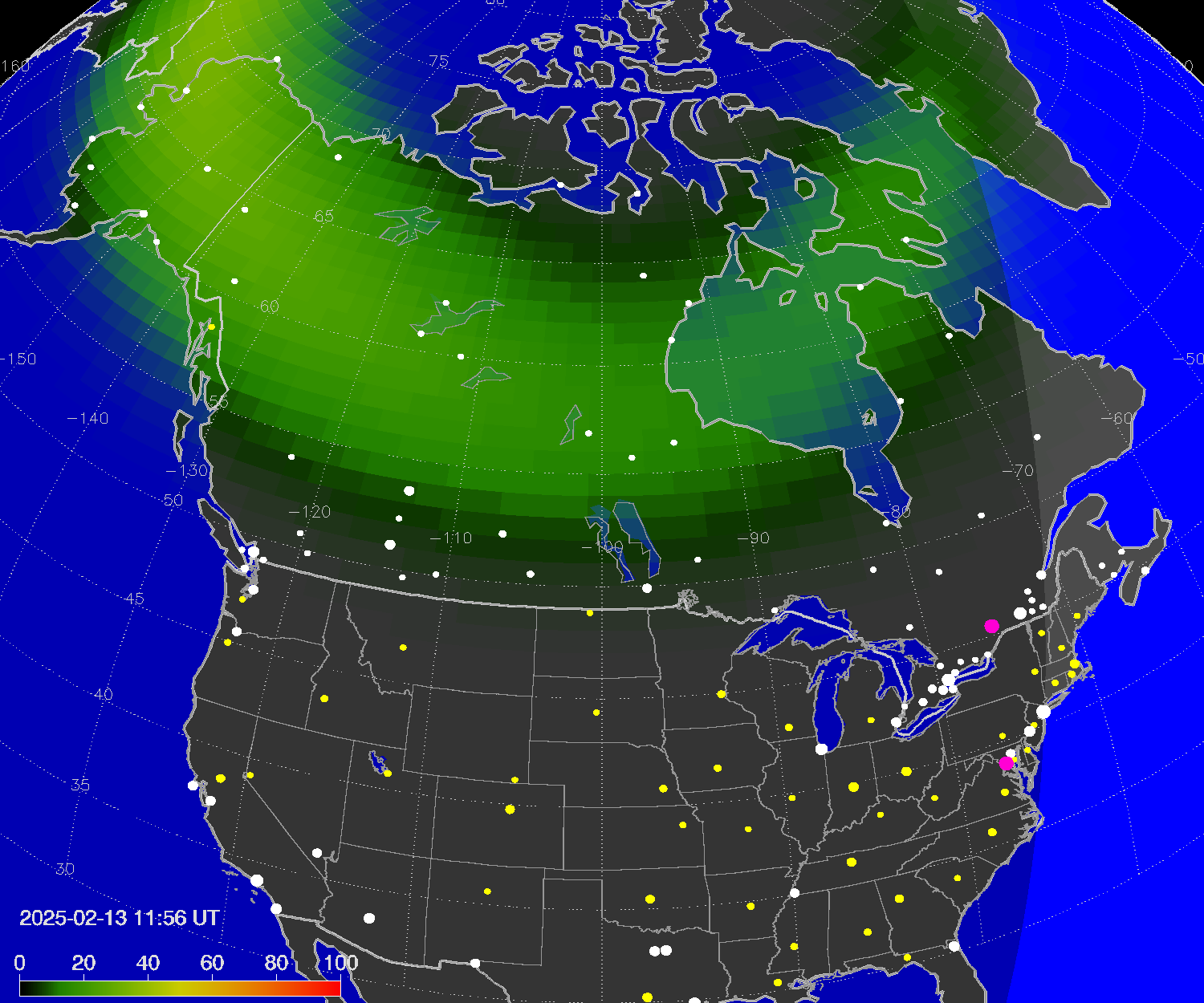 Northern lights (auroras) over North America