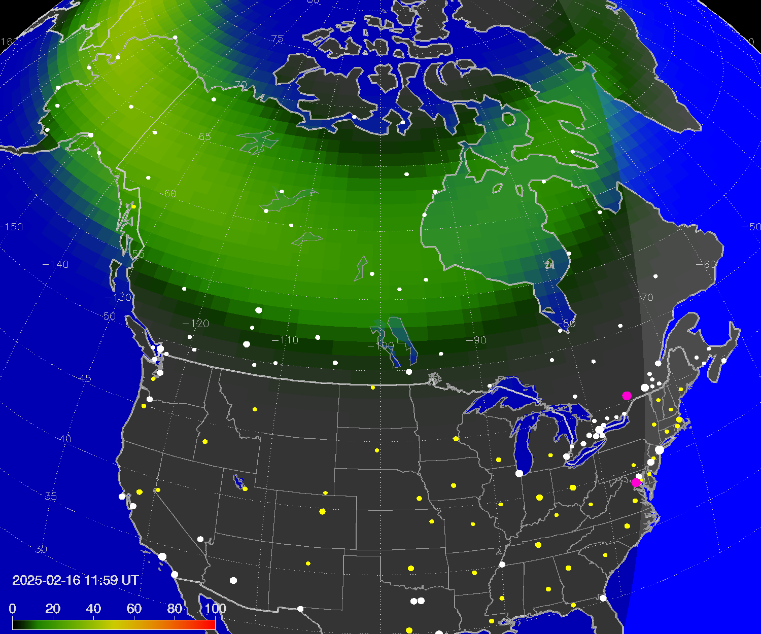 Northern lights (auroras) over North America