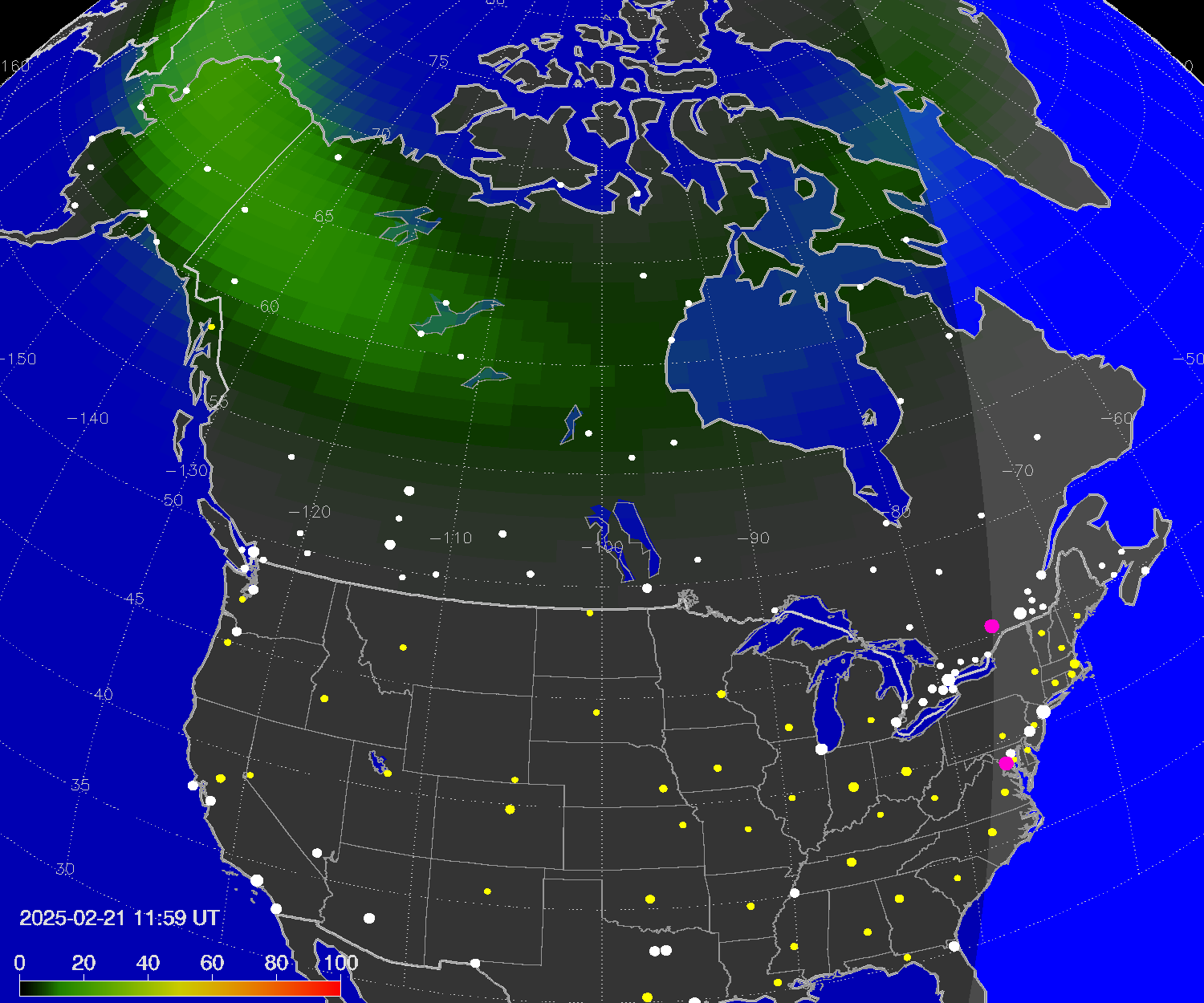 Northern lights (auroras) over North America