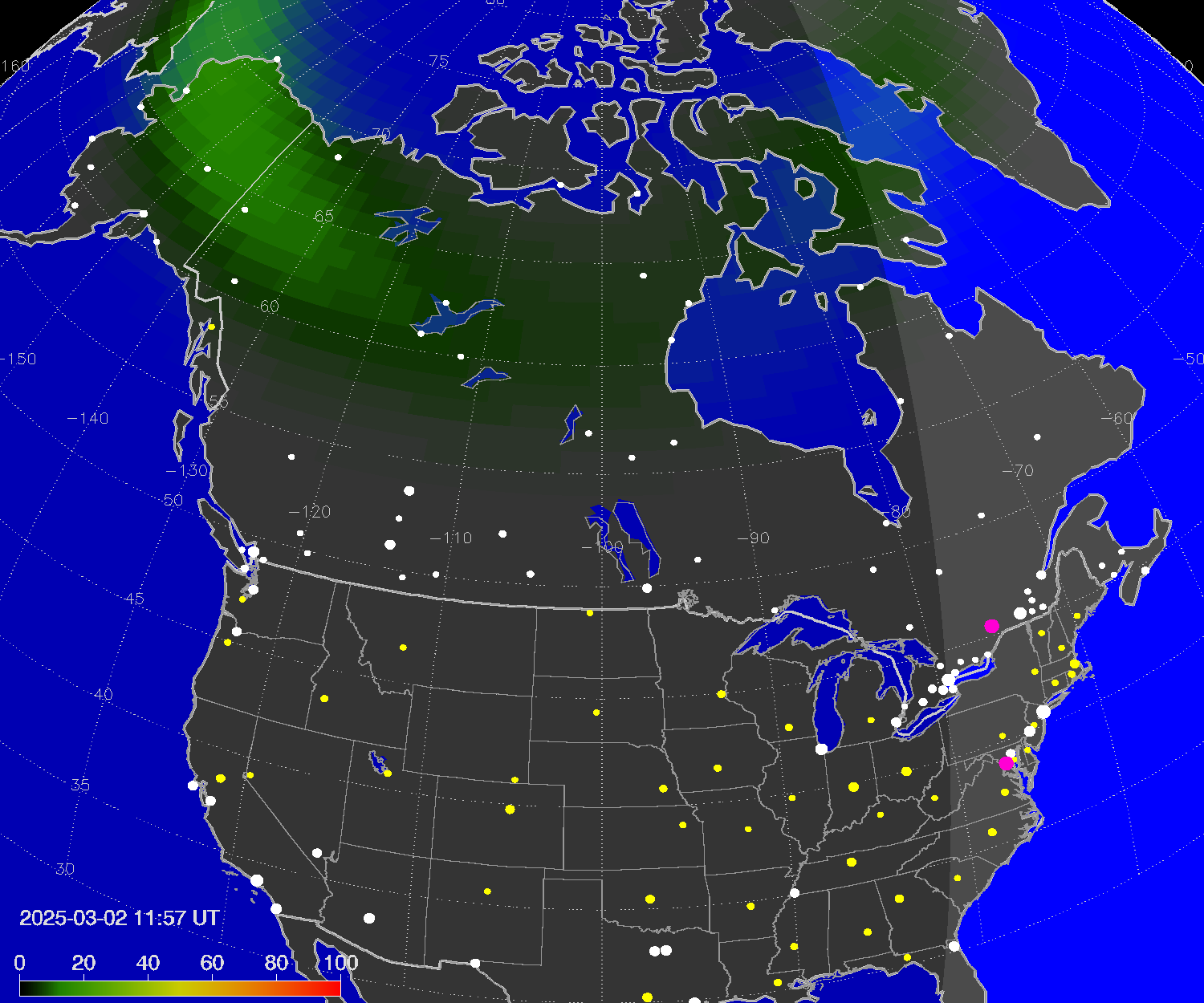 Northern lights (auroras) over North America