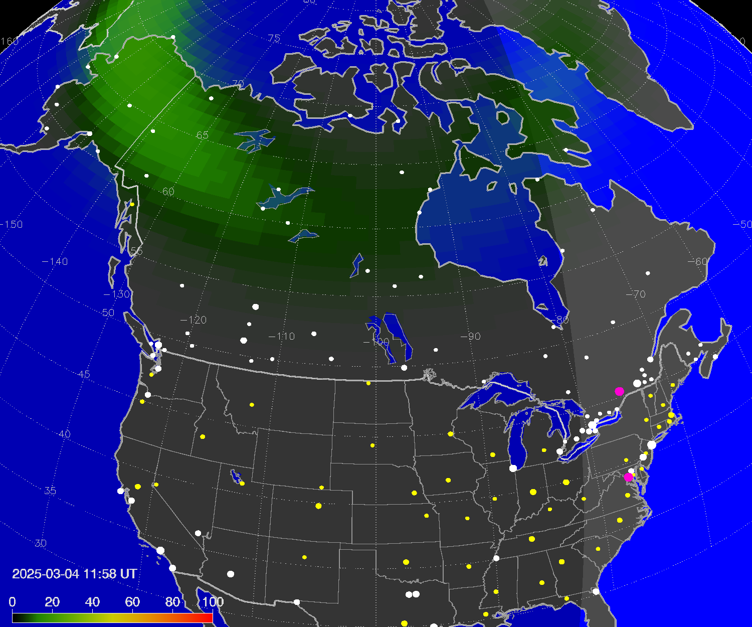 Northern lights (auroras) over North America