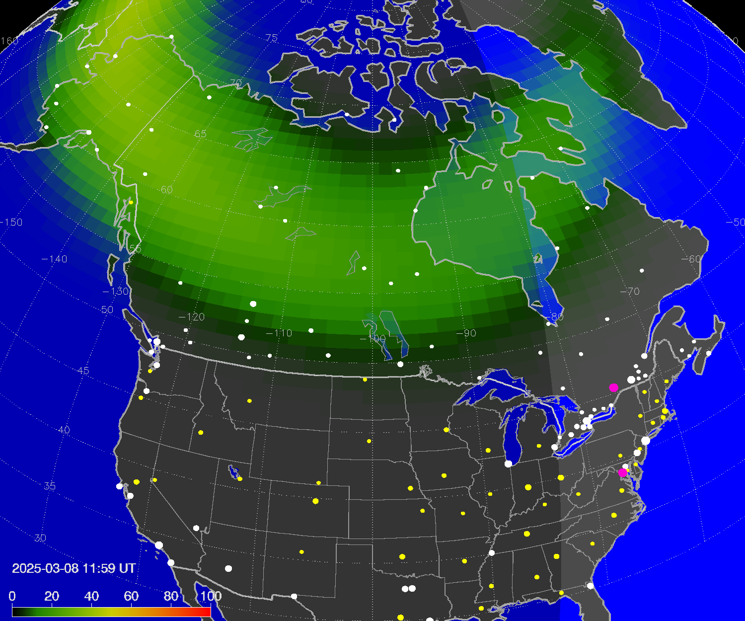 Northern lights (auroras) over North America
