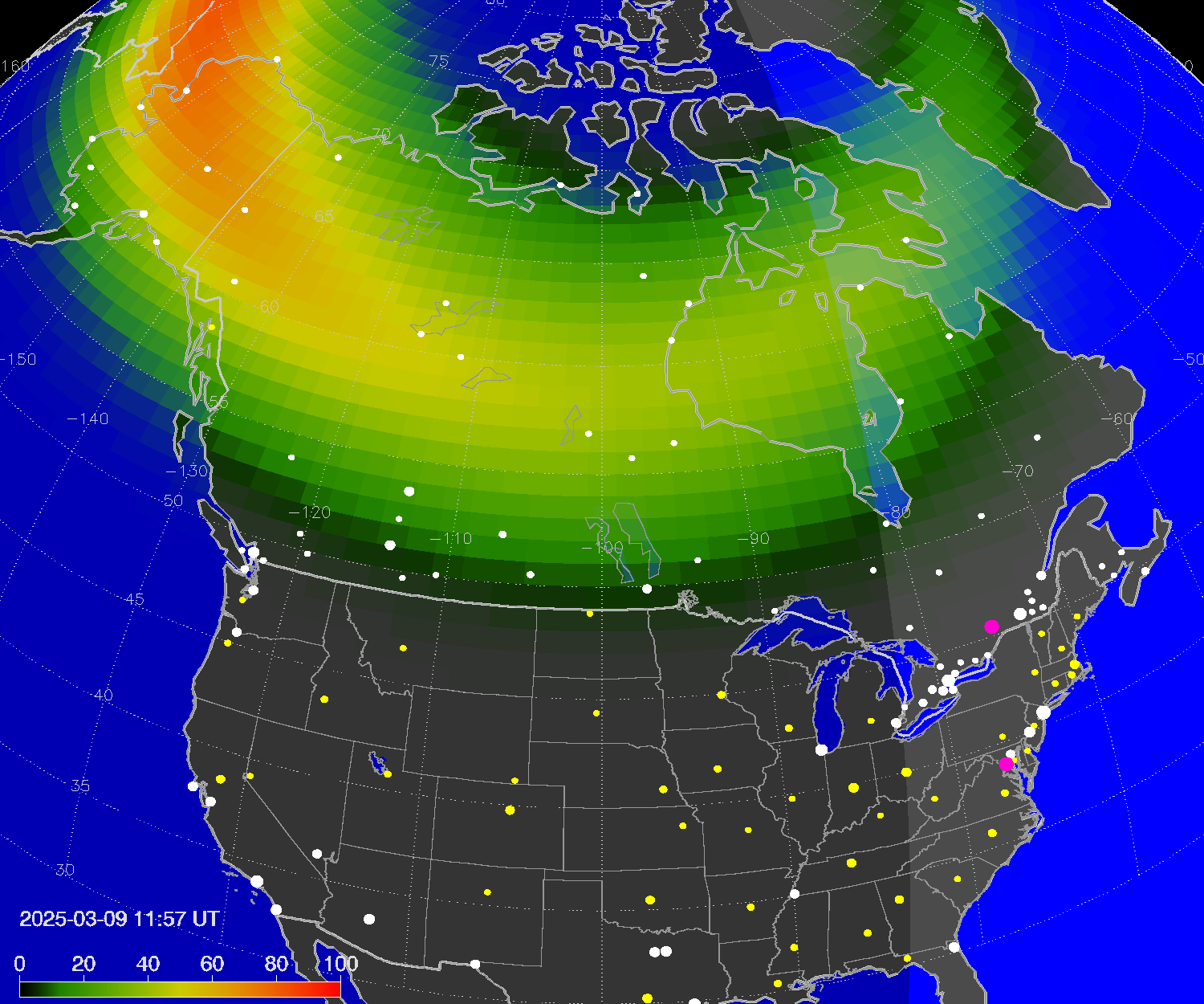 Northern lights (auroras) over North America