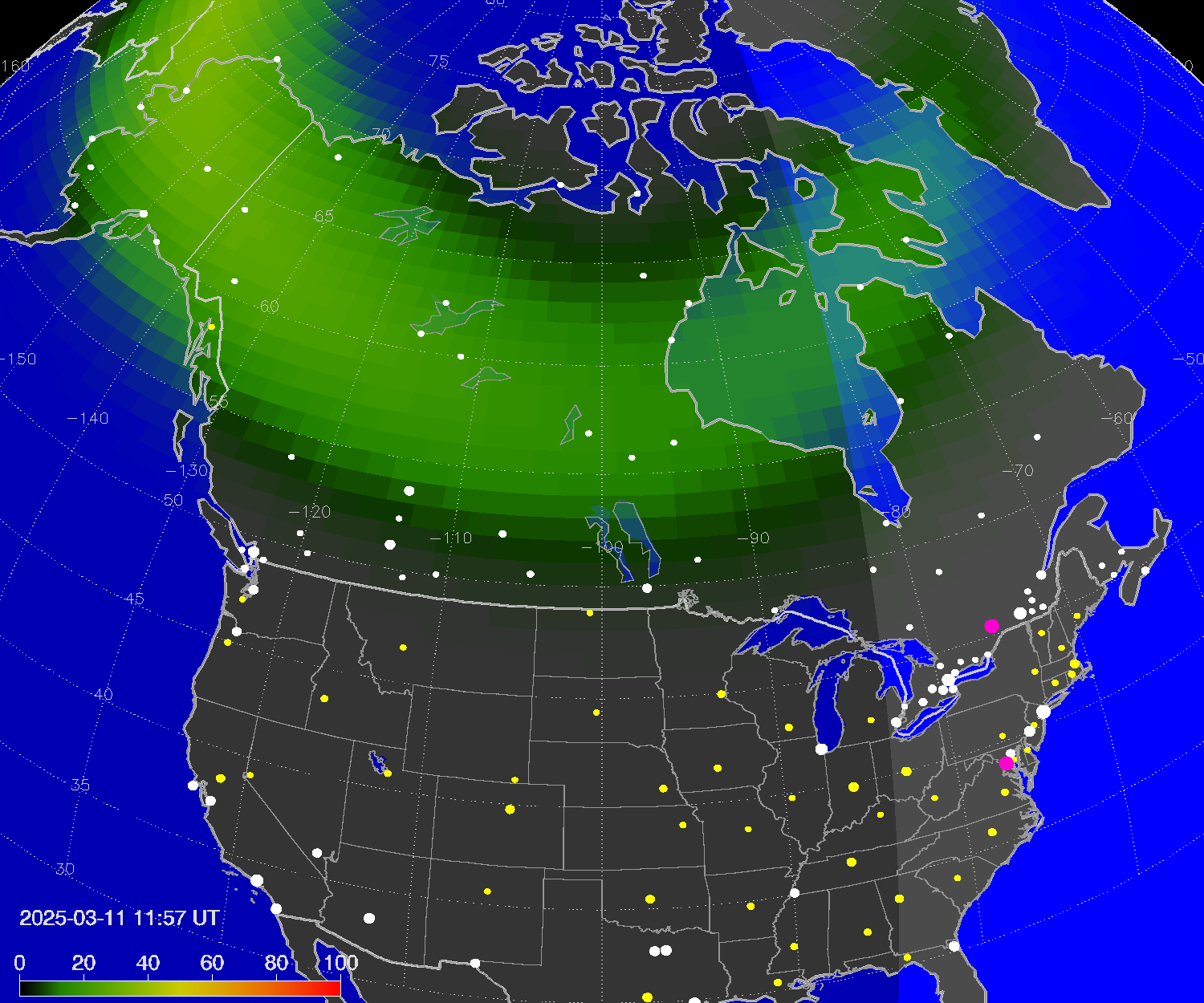 Northern lights (auroras) over North America