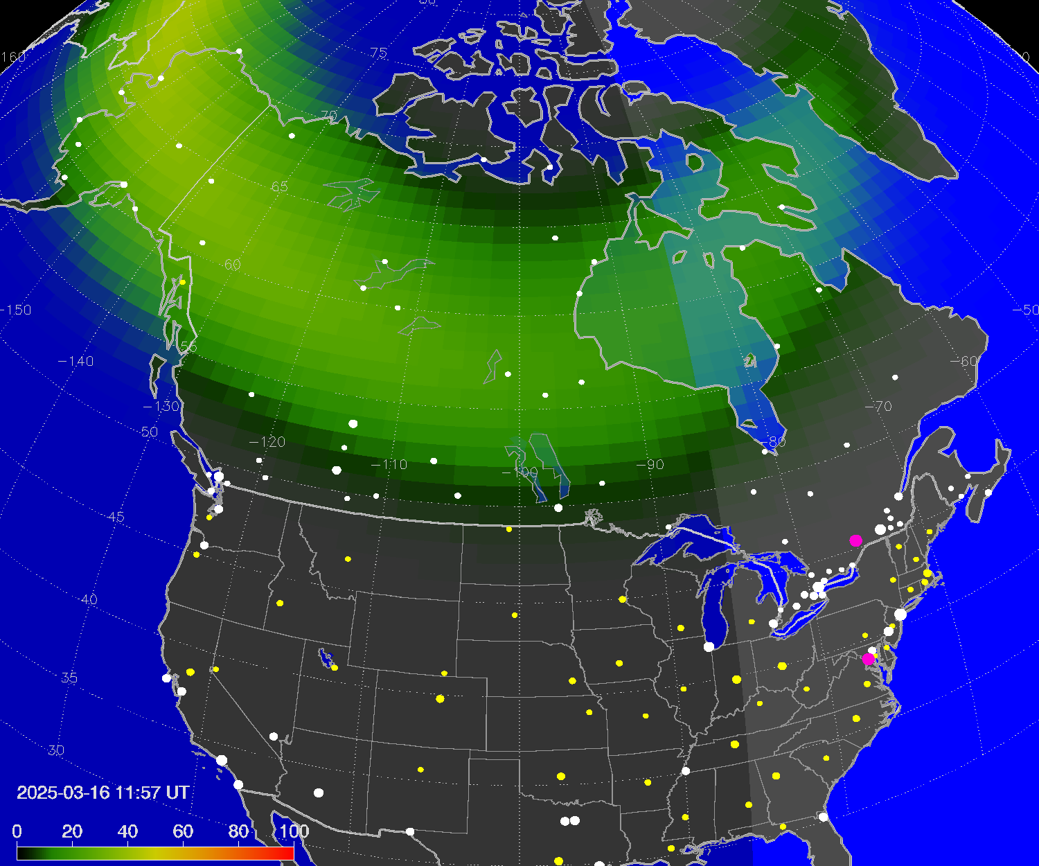 Northern lights (auroras) over North America