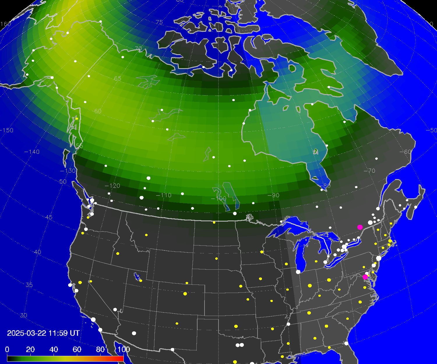 Northern lights (auroras) over North America