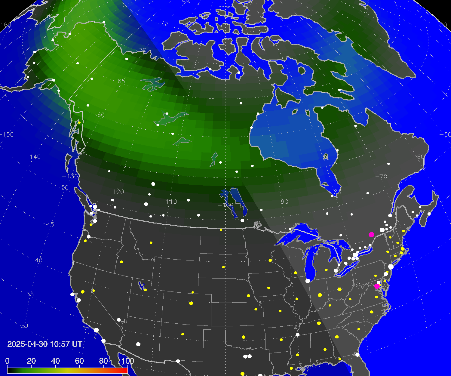 Northern lights (auroras) over North America