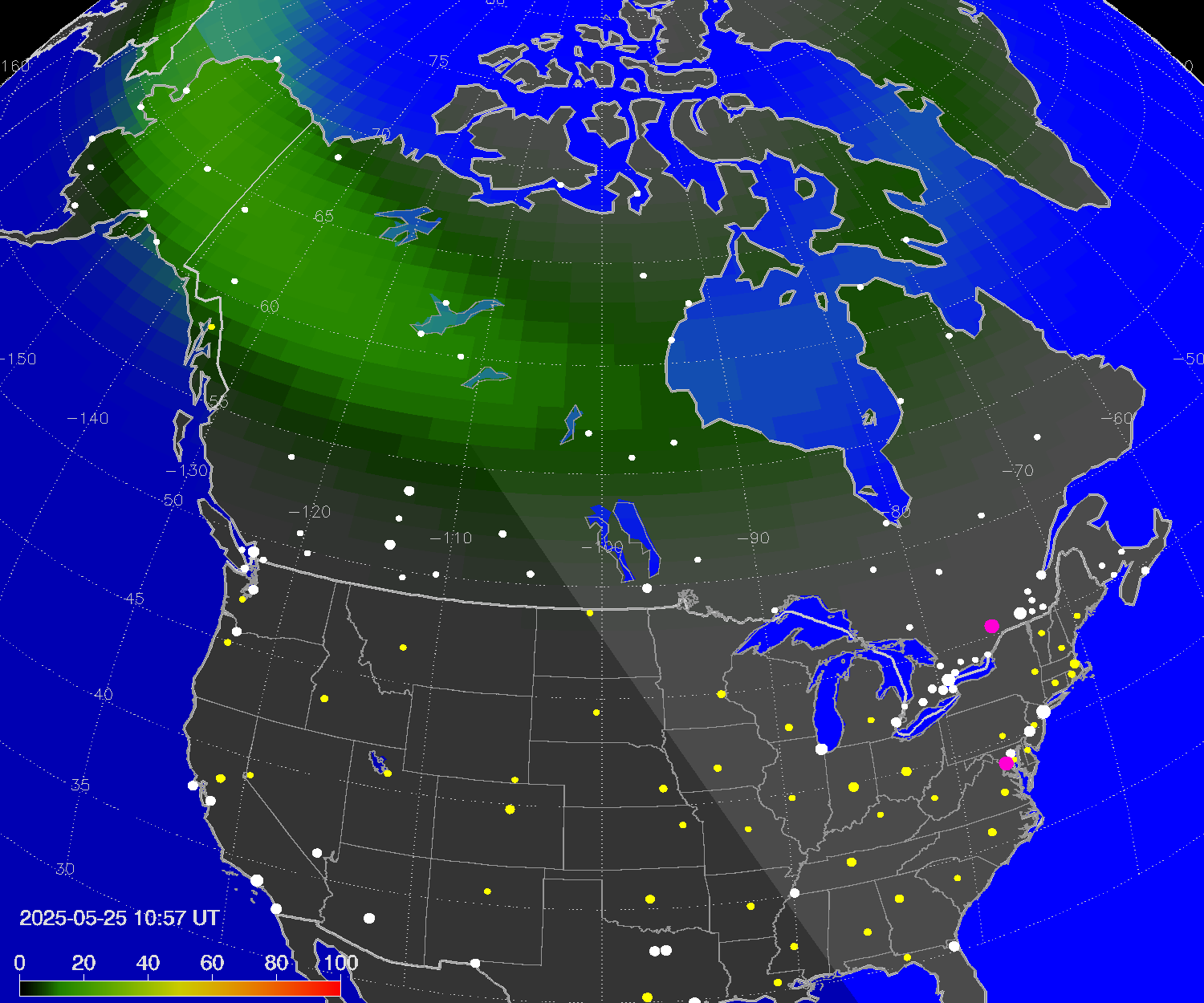 Northern lights (auroras) over North America