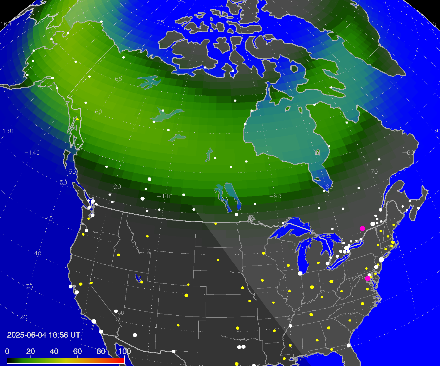 Northern lights (auroras) over North America