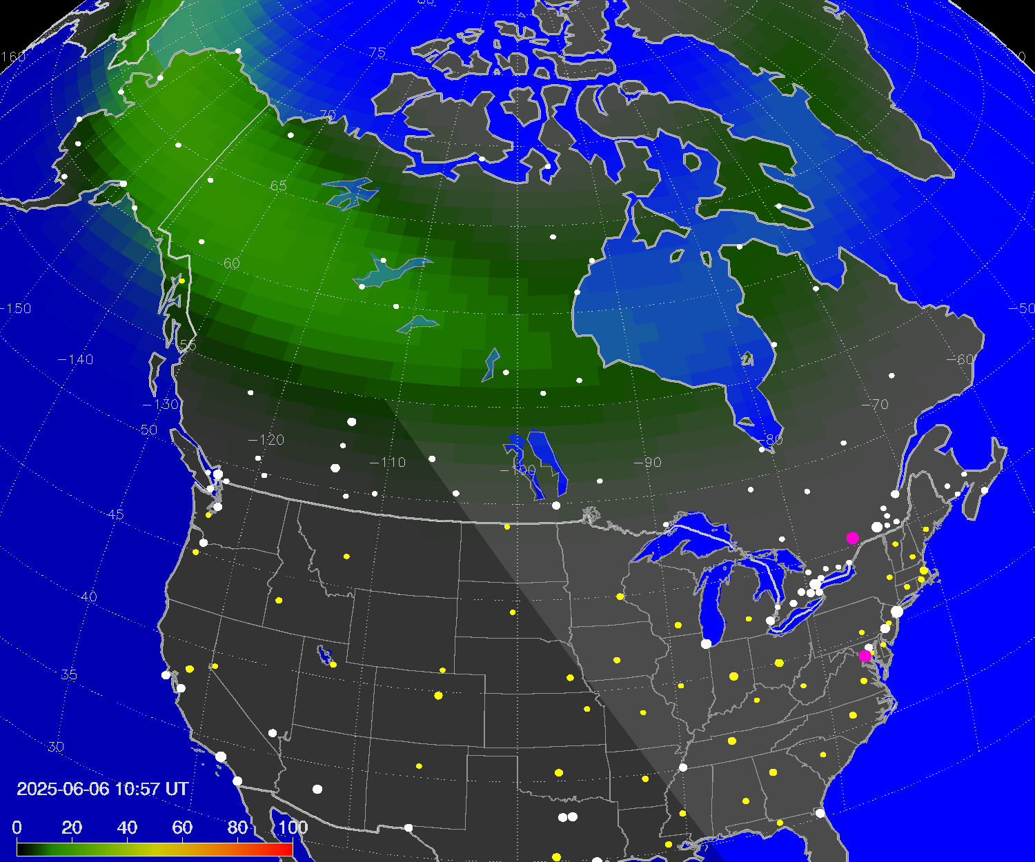 Northern lights (auroras) over North America