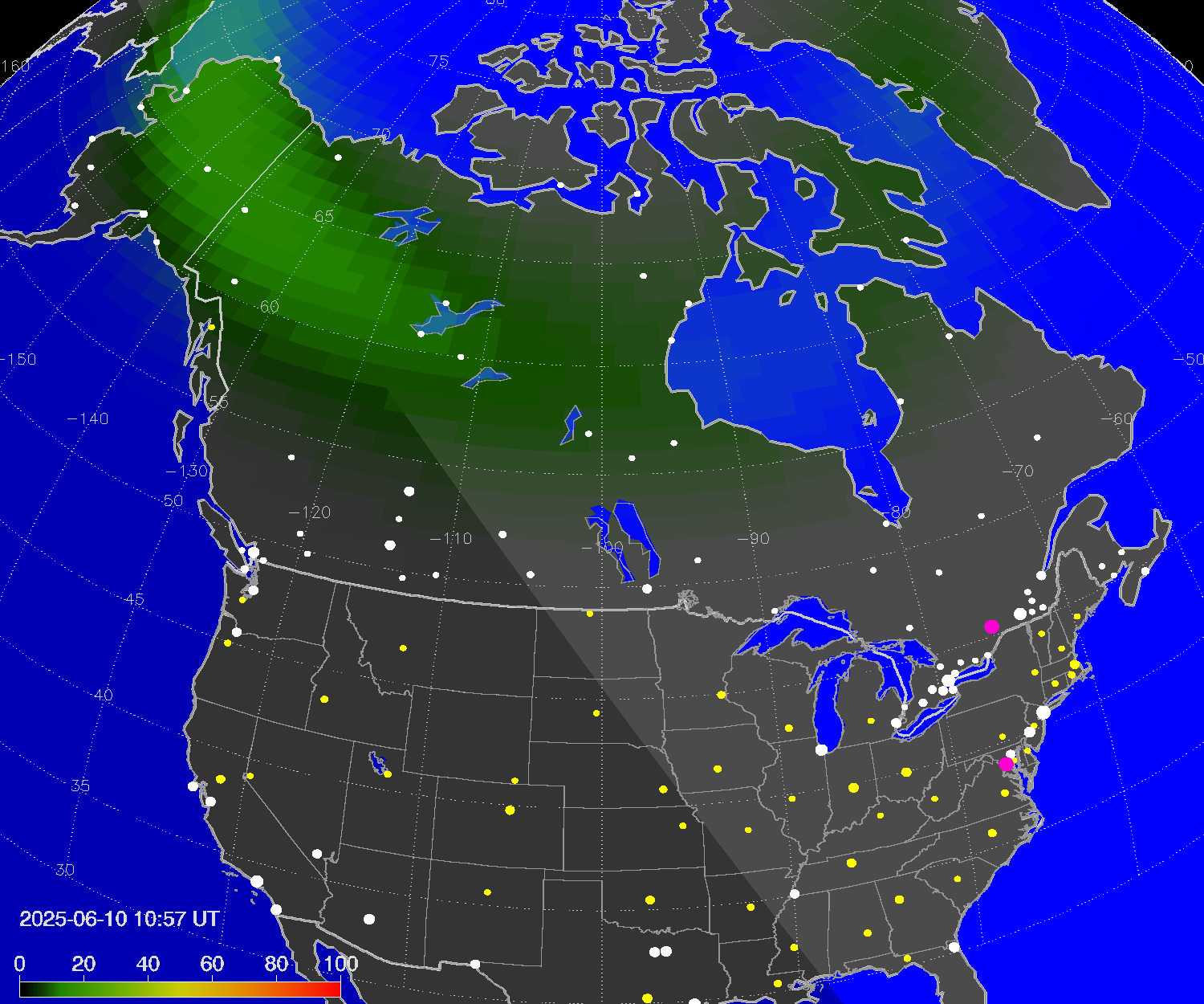 Northern lights (auroras) over North America