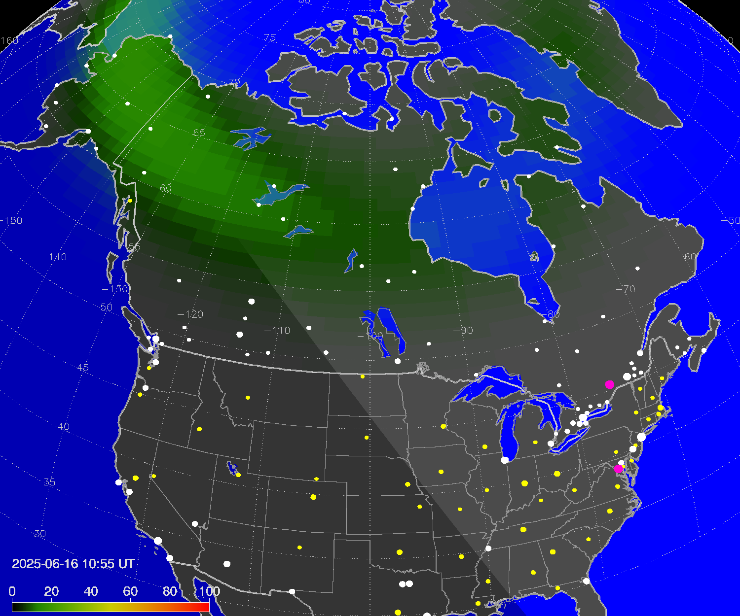 Northern lights (auroras) over North America