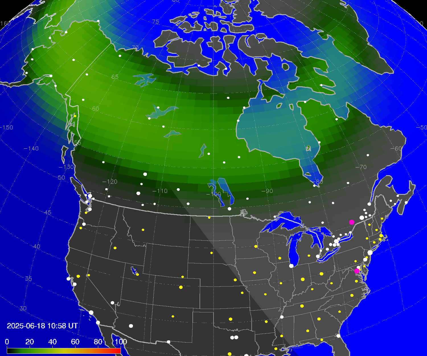 Northern lights (auroras) over North America
