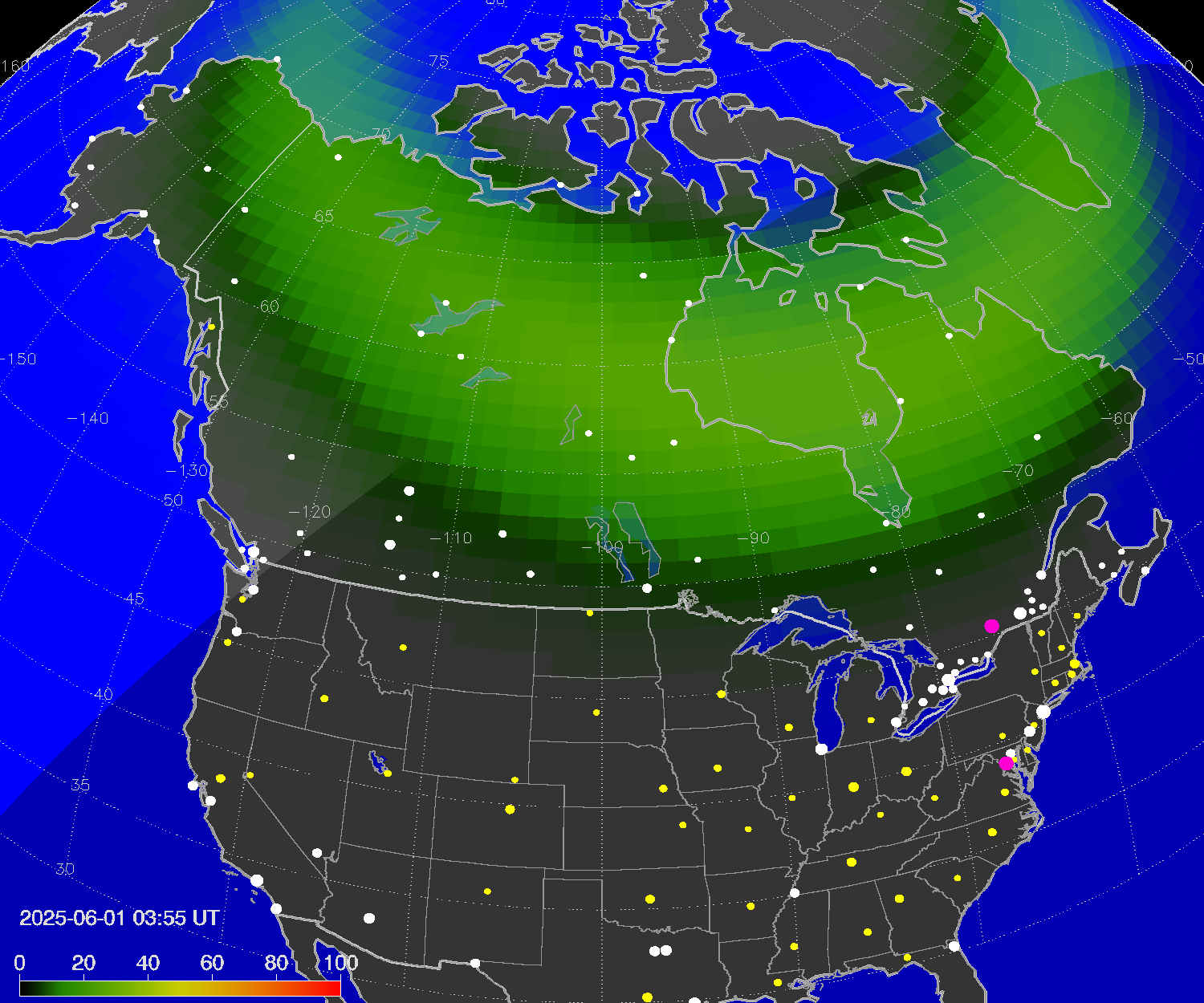 Northern lights (auroras) over North America