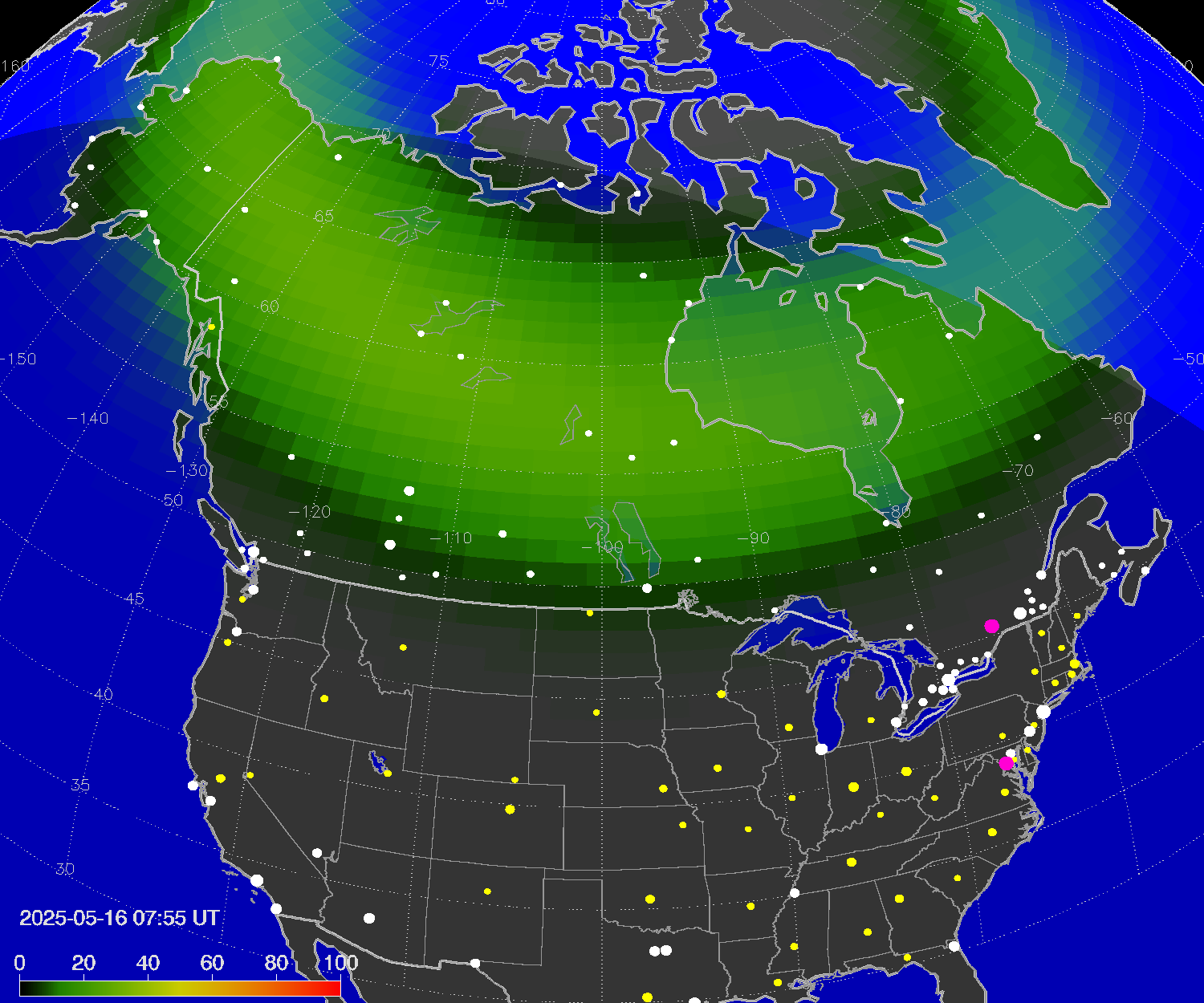Northern lights (auroras) over North America