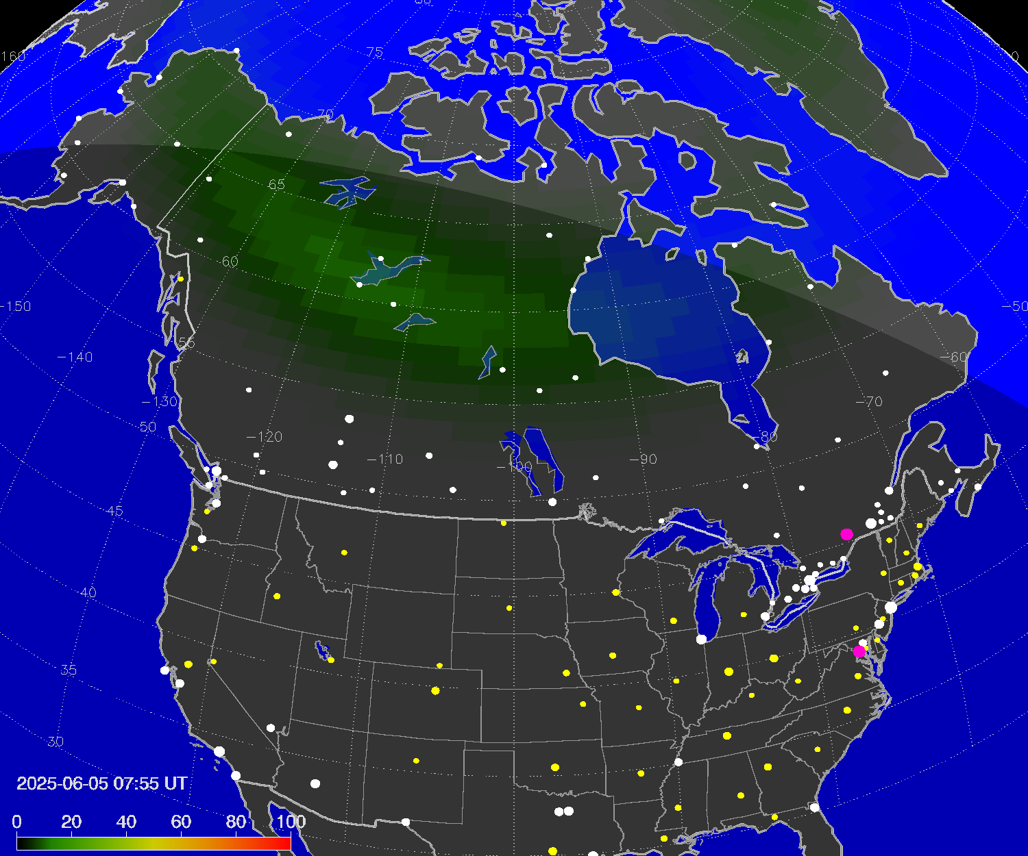 Northern lights (auroras) over North America
