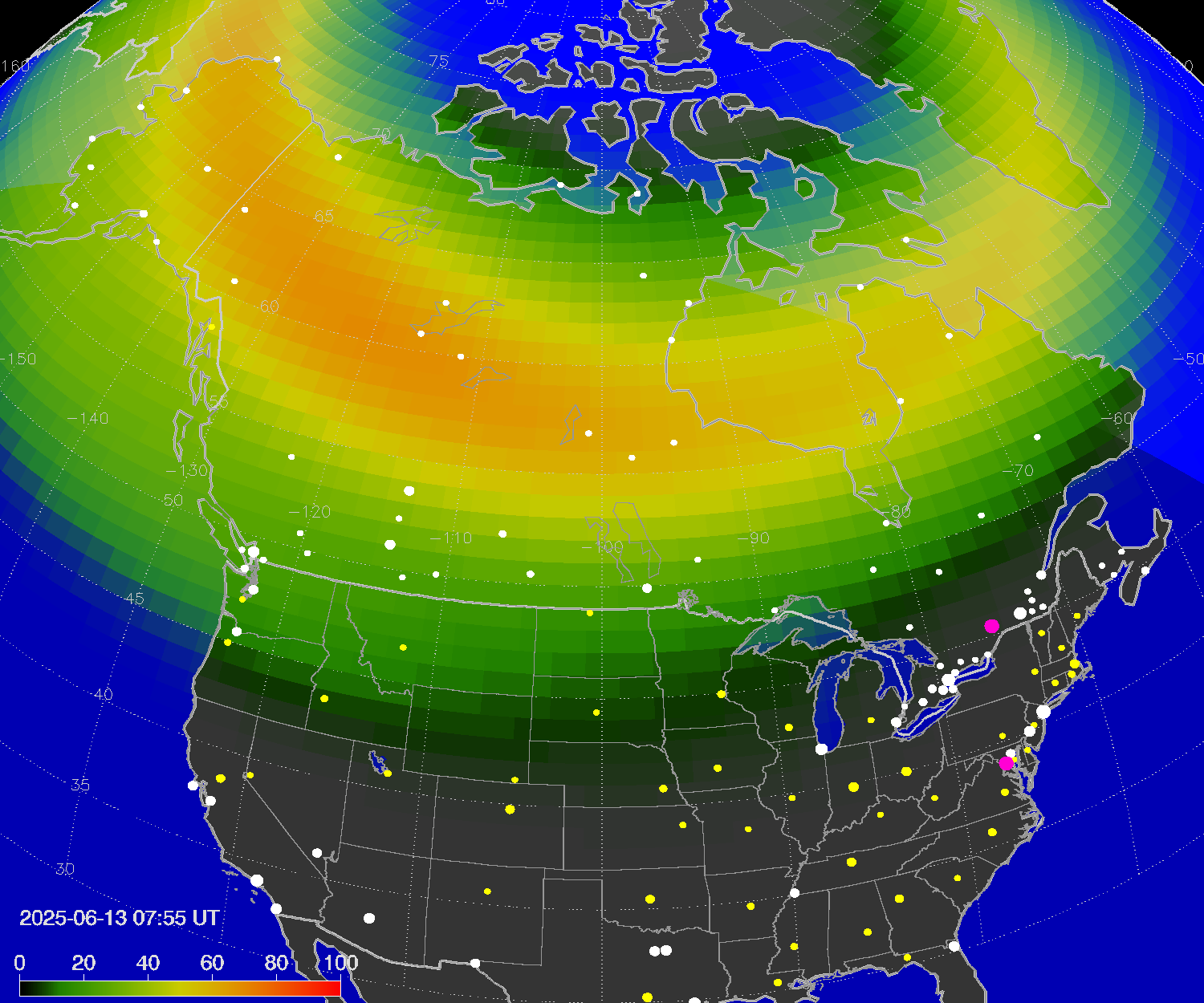 Northern lights (auroras) over North America