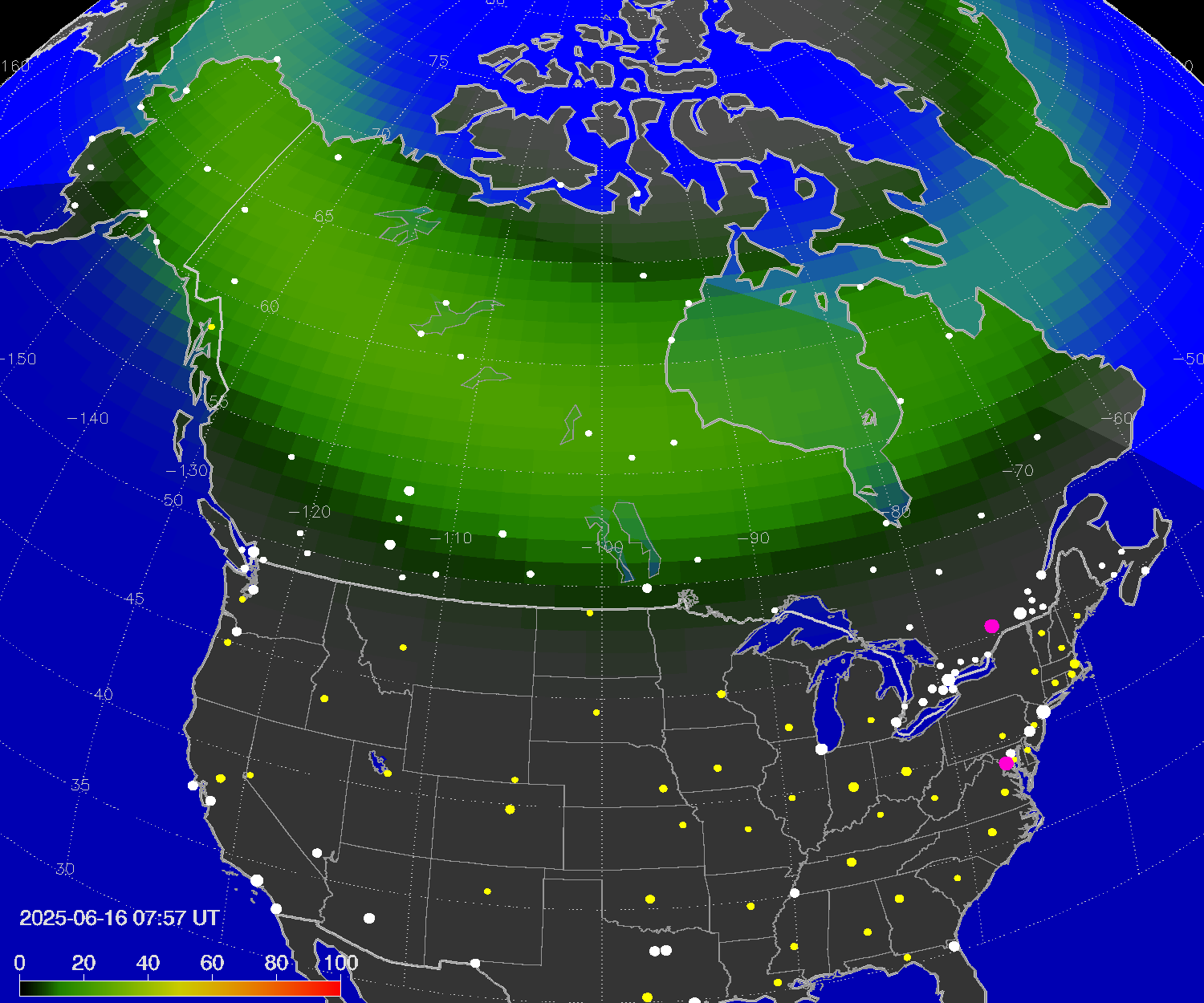 Northern lights (auroras) over North America