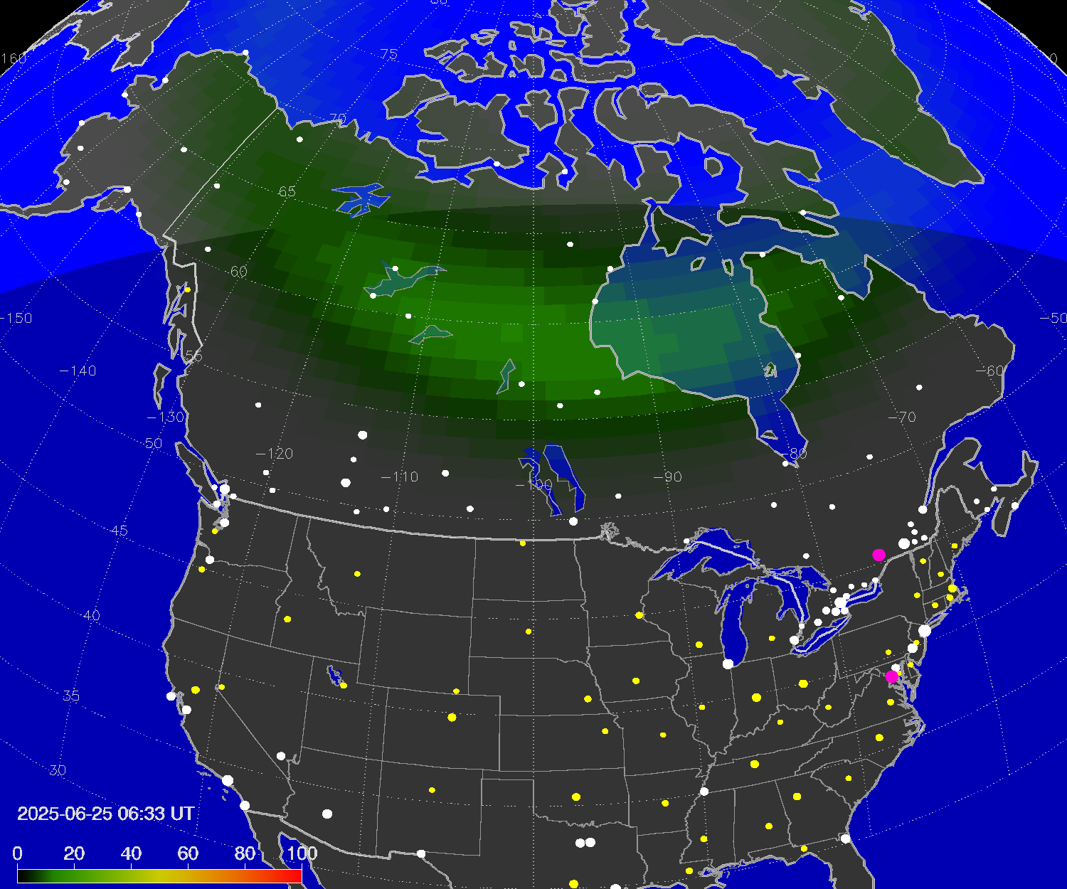 Northern lights (auroras) over North America