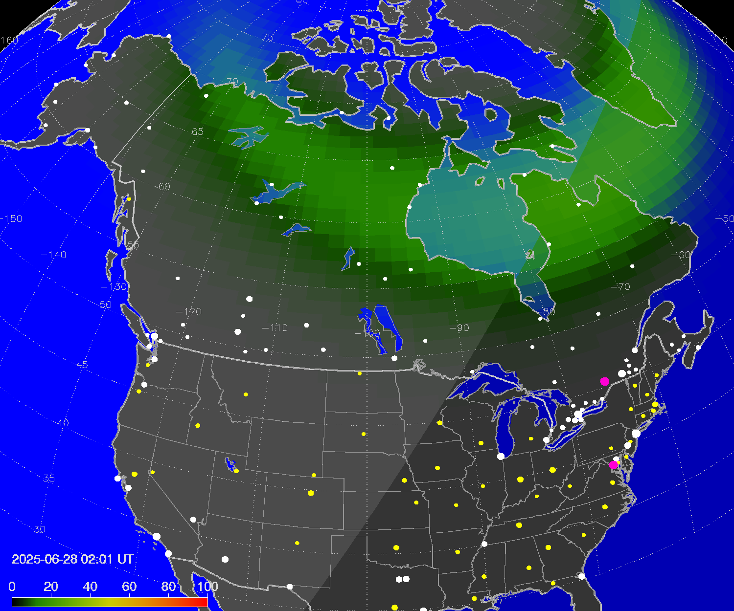 Northern lights (auroras) over North America