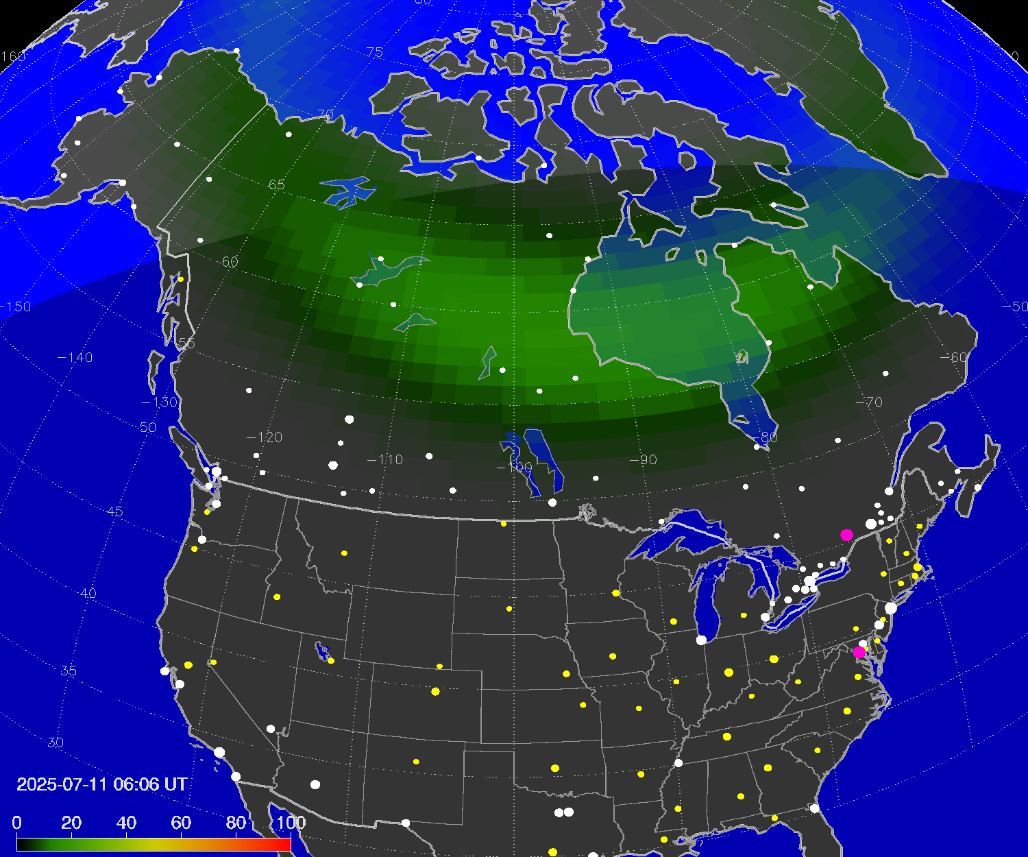 Northern lights (auroras) over North America