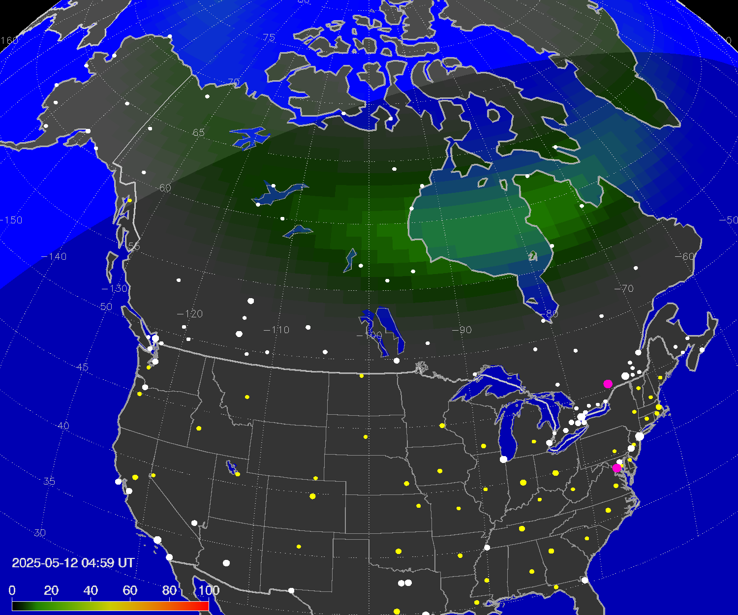 Northern lights (auroras) over North America