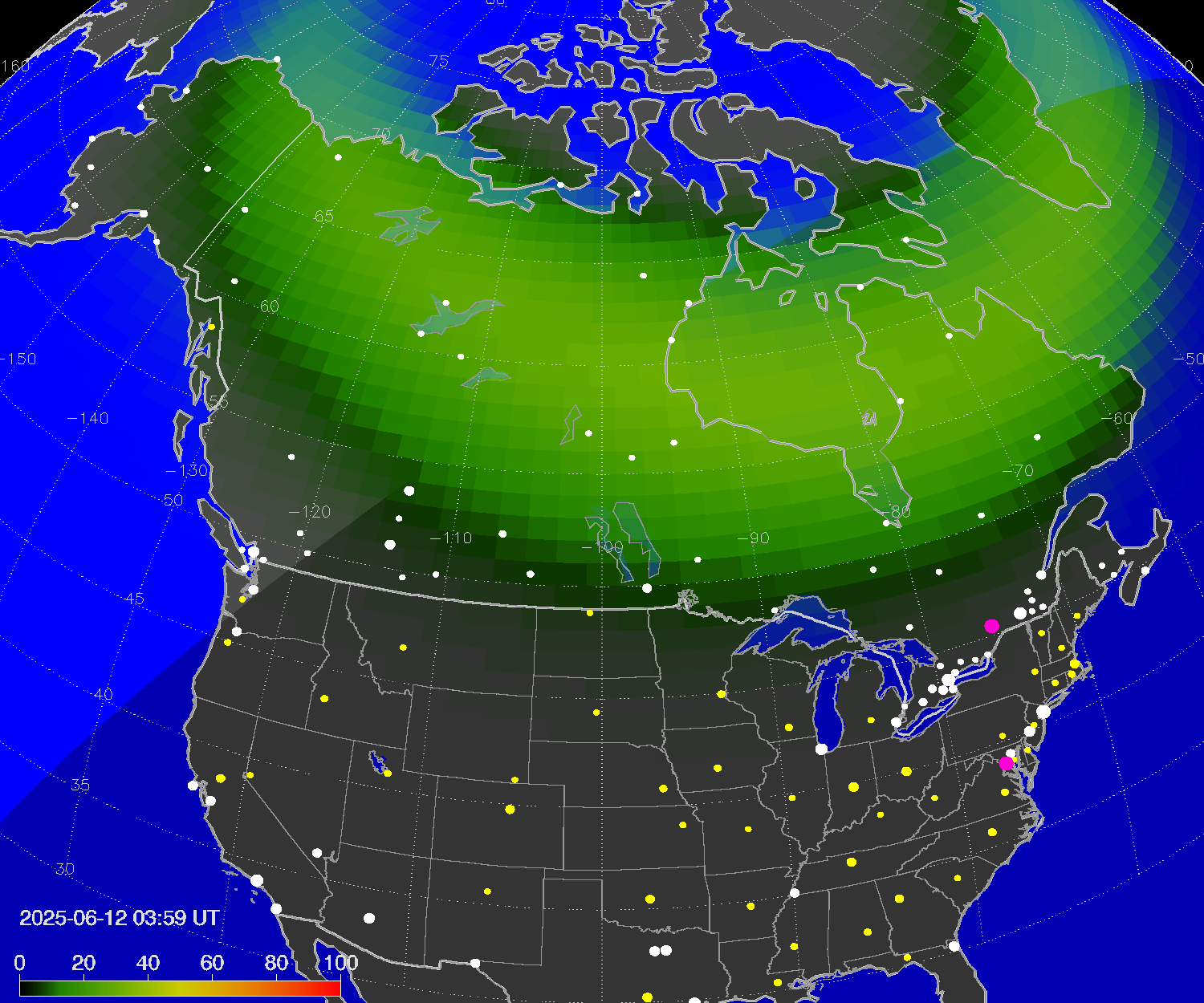 Northern lights (auroras) over North America