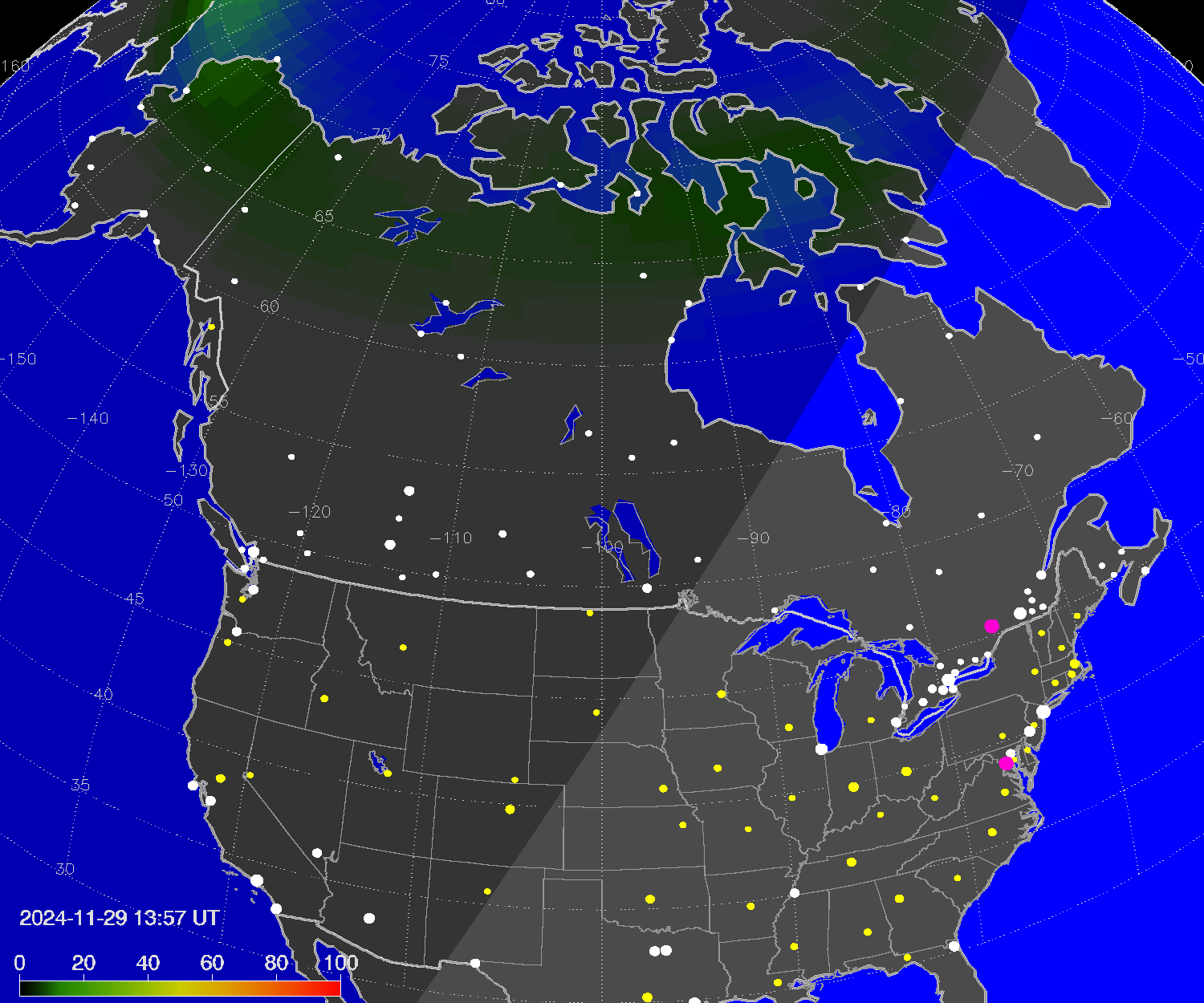 Northern lights (auroras) over North America