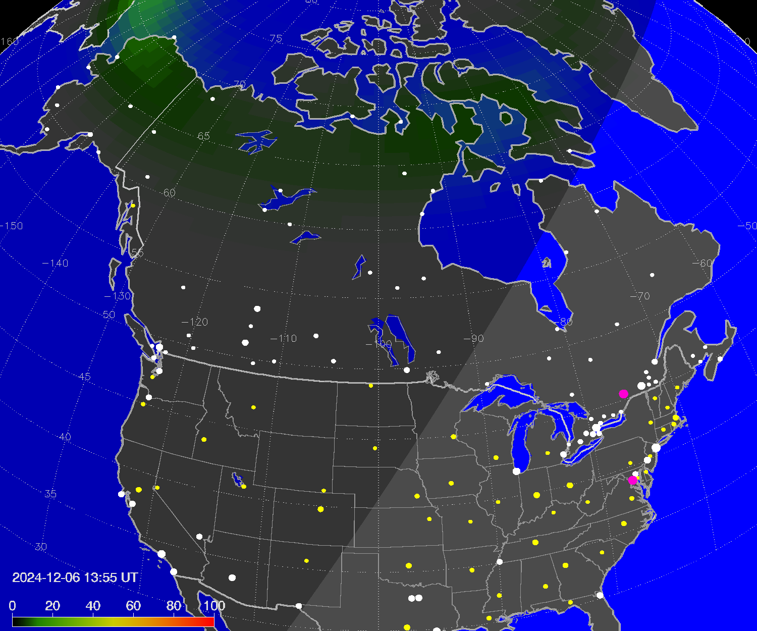 Northern lights (auroras) over North America