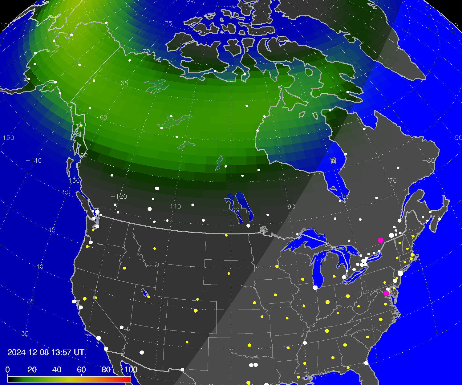 Northern lights (auroras) over North America