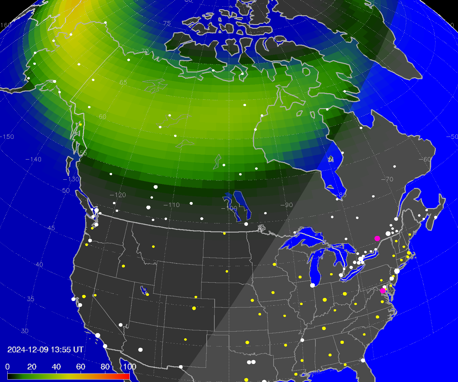 Northern lights (auroras) over North America