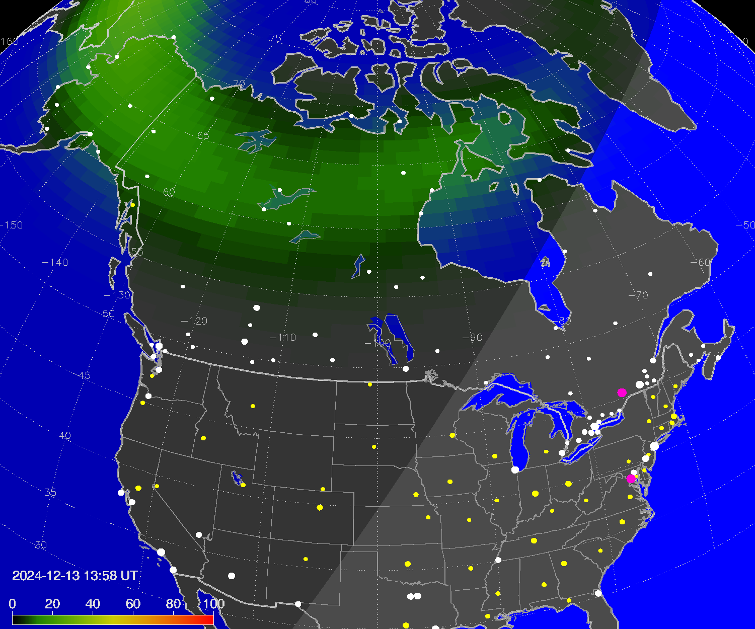 Northern lights (auroras) over North America